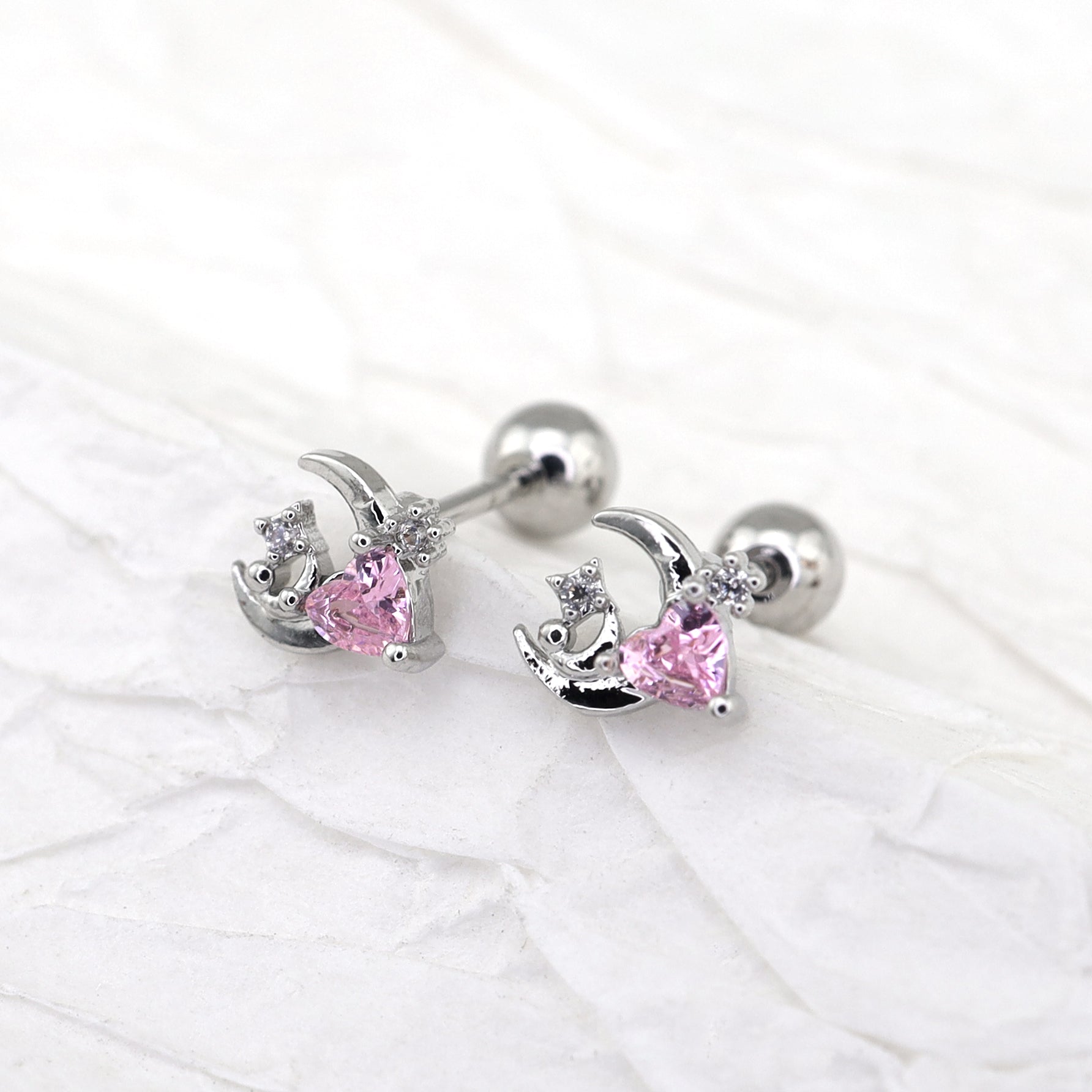 PAIR OF 20G Thin Star Moon Heart CZ Ear Studs