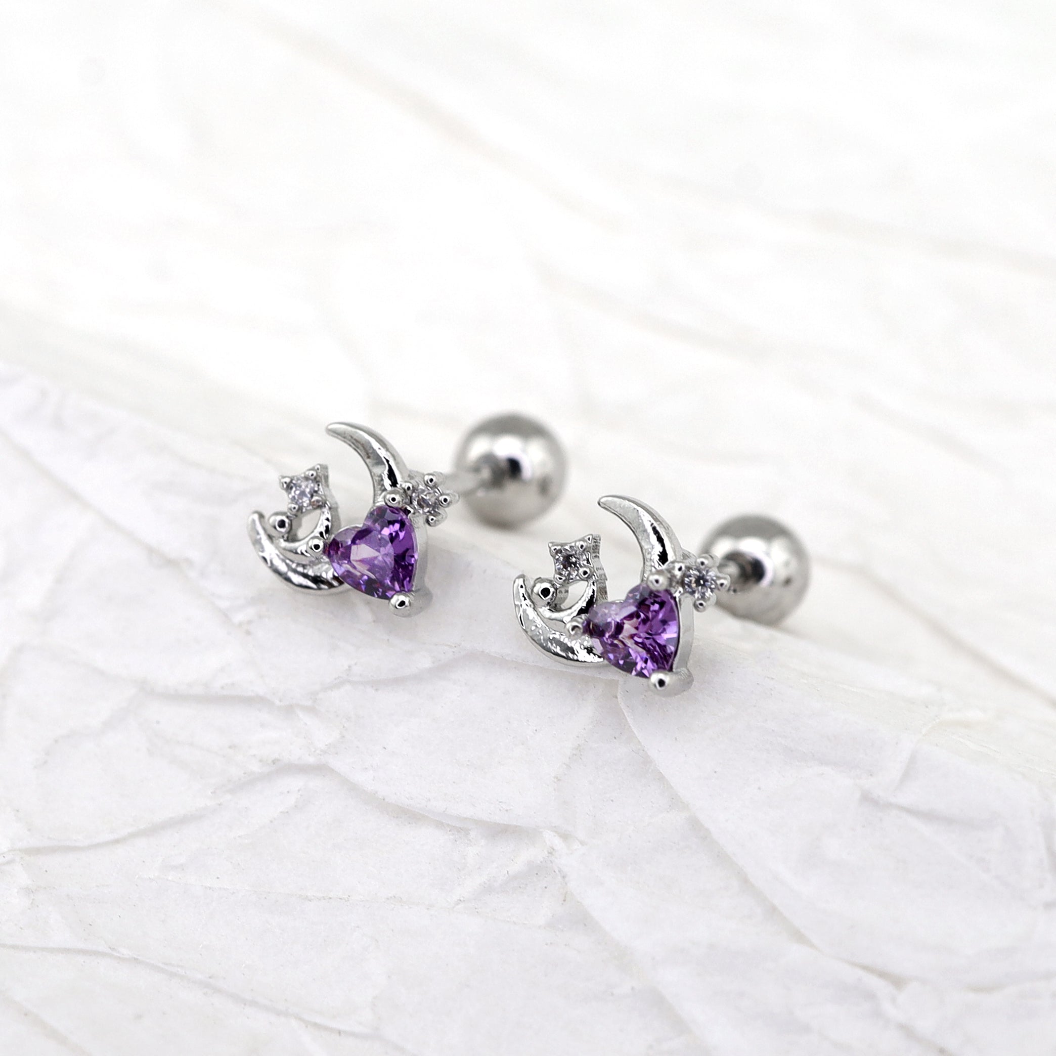 PAIR OF 20G Thin Star Moon Heart CZ Ear Studs