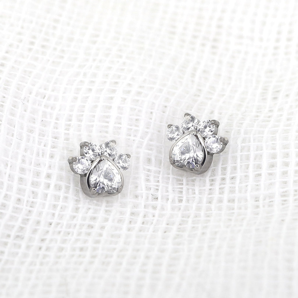 White CZ Cat Paw Titanium Studs
