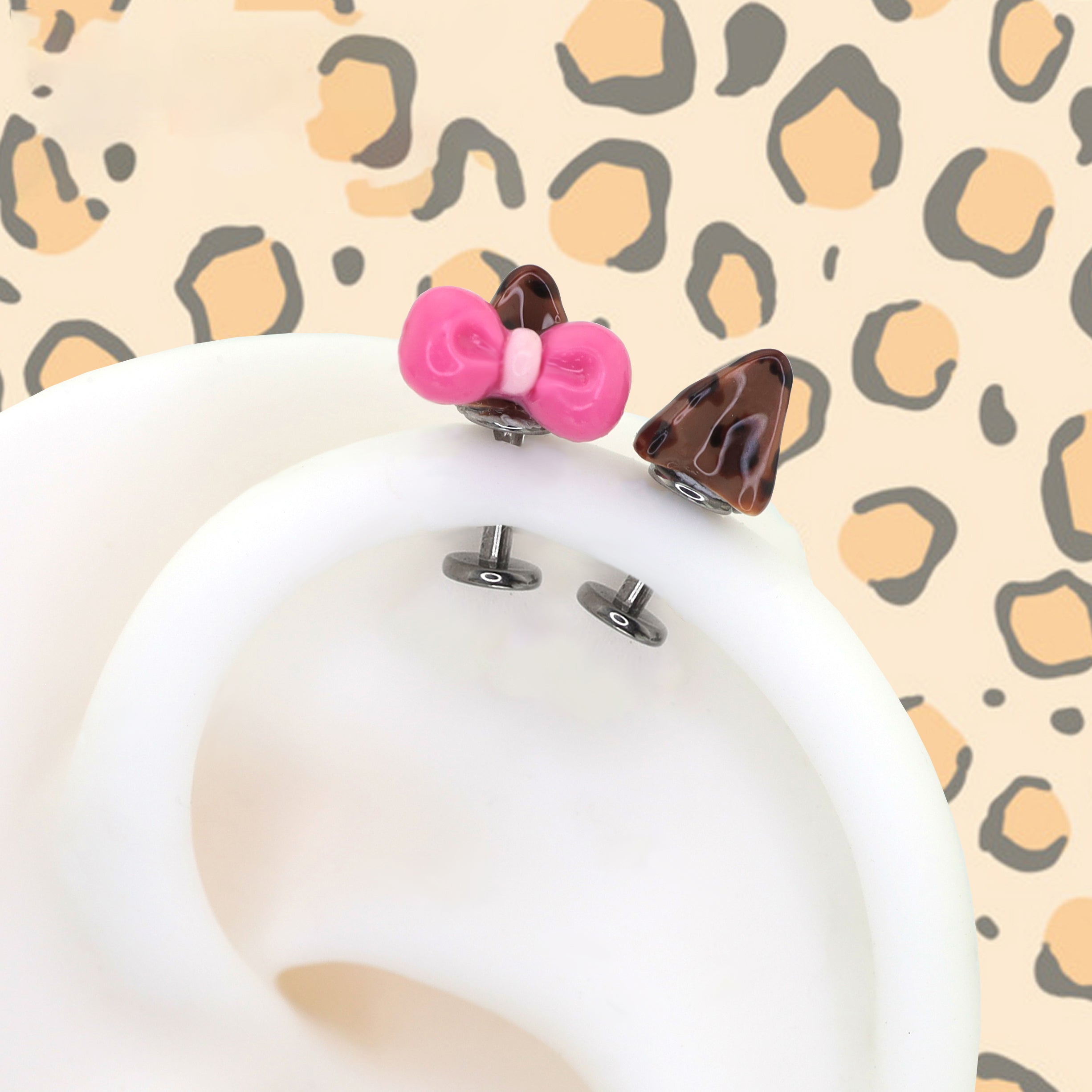 Kitty Bow Leopard Print Titanium Helix Earrings