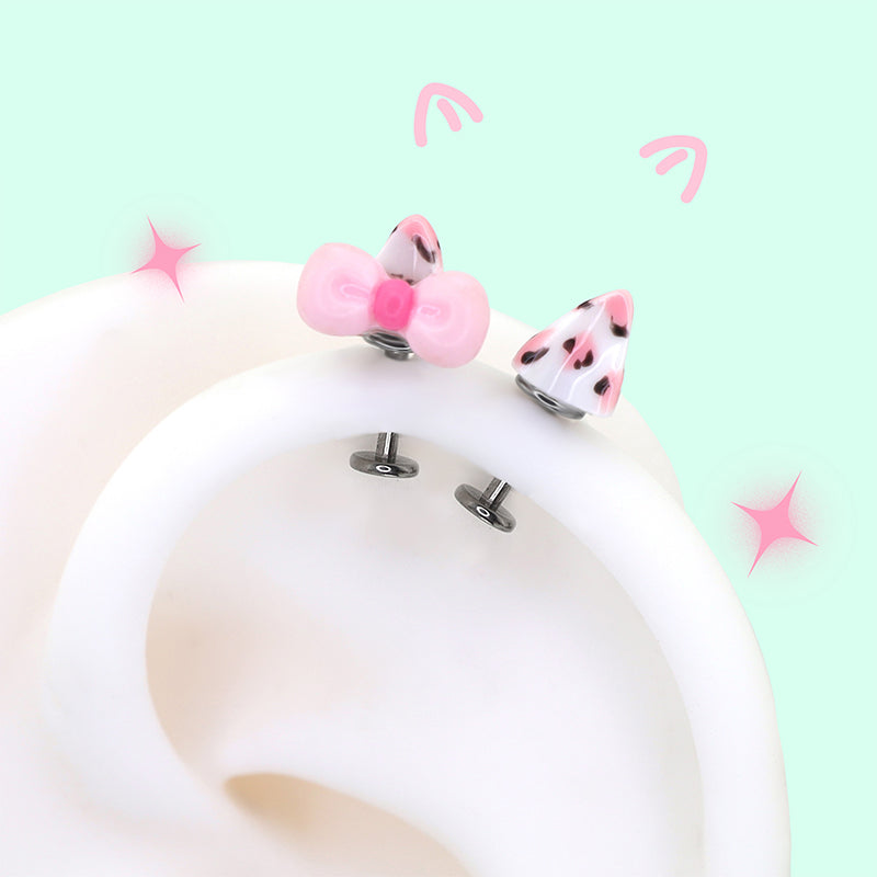 Kitty Bow Leopard Print Titanium Helix Earrings