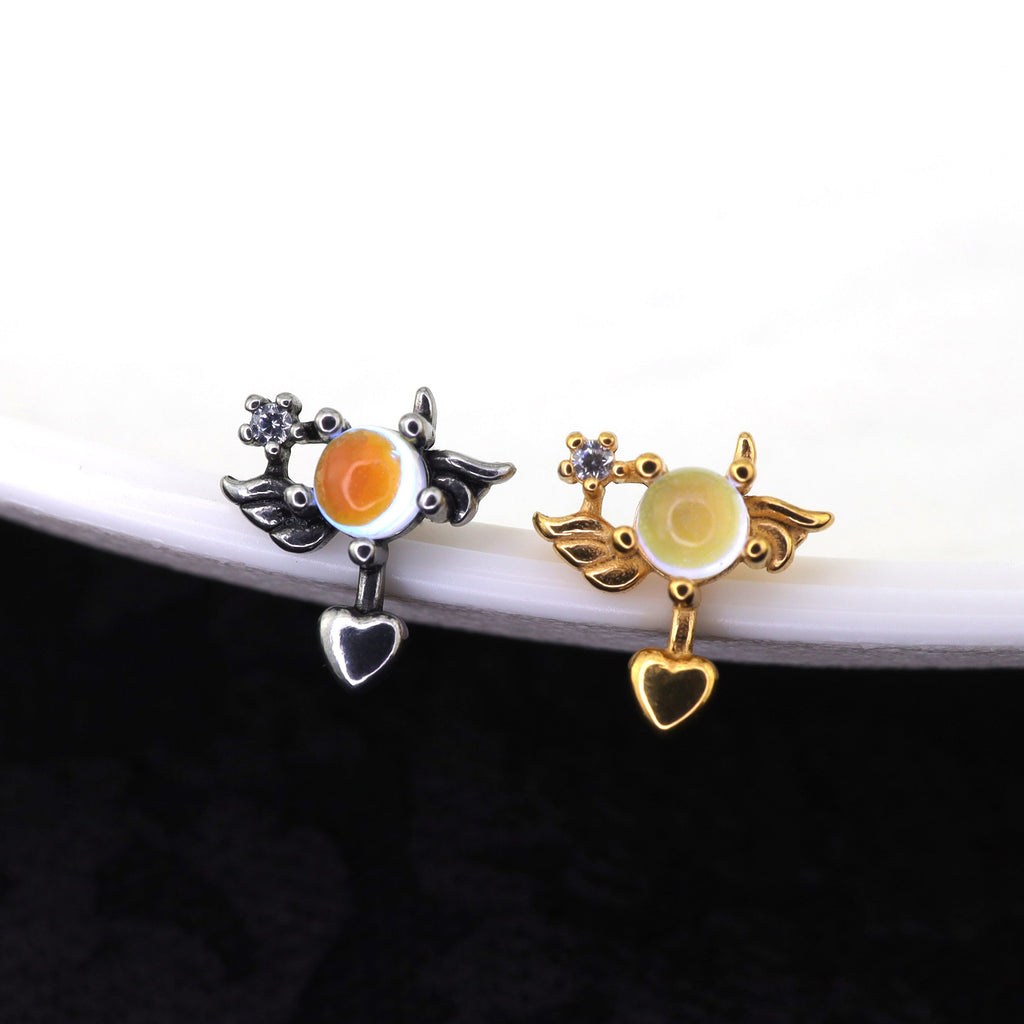 Heart Opal Wing stainless steel Ear Stud