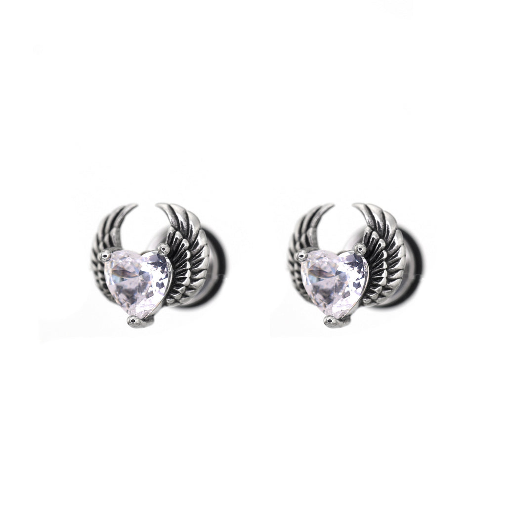 PAIR OF Heart CZ Wing stainless steel Ear Stud