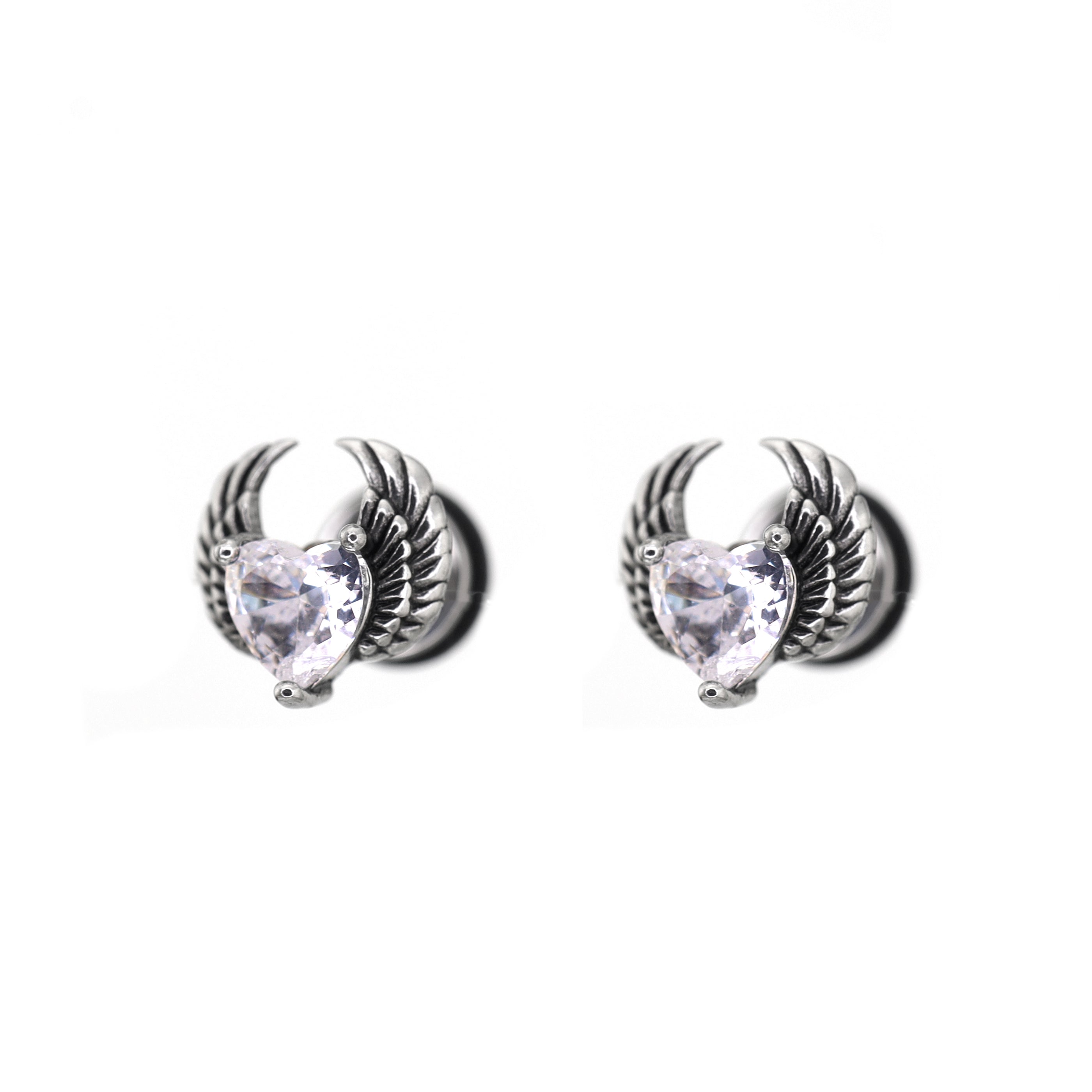 PAIR OF Heart CZ Wing stainless steel Ear Stud