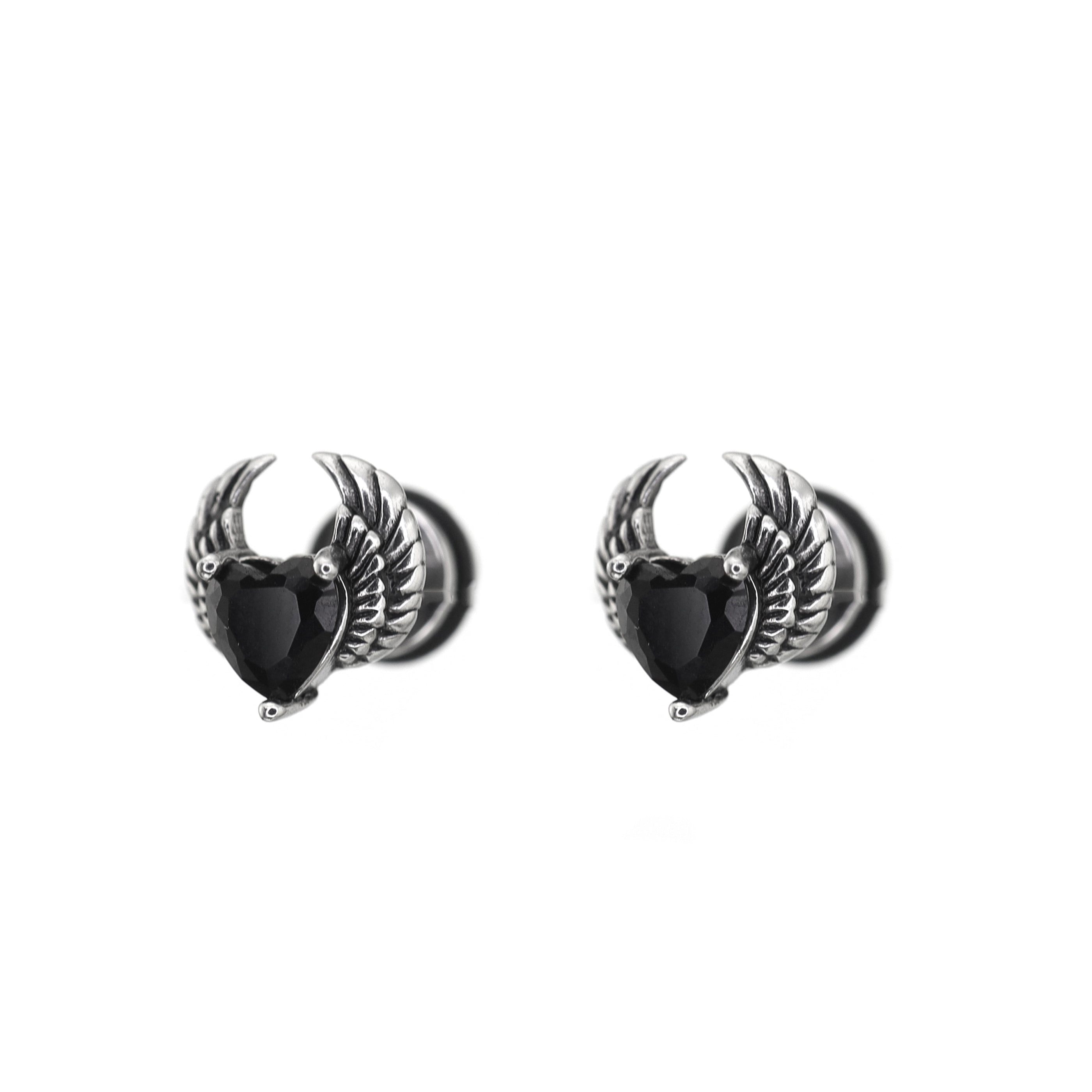 PAIR OF Heart CZ Wing stainless steel Ear Stud