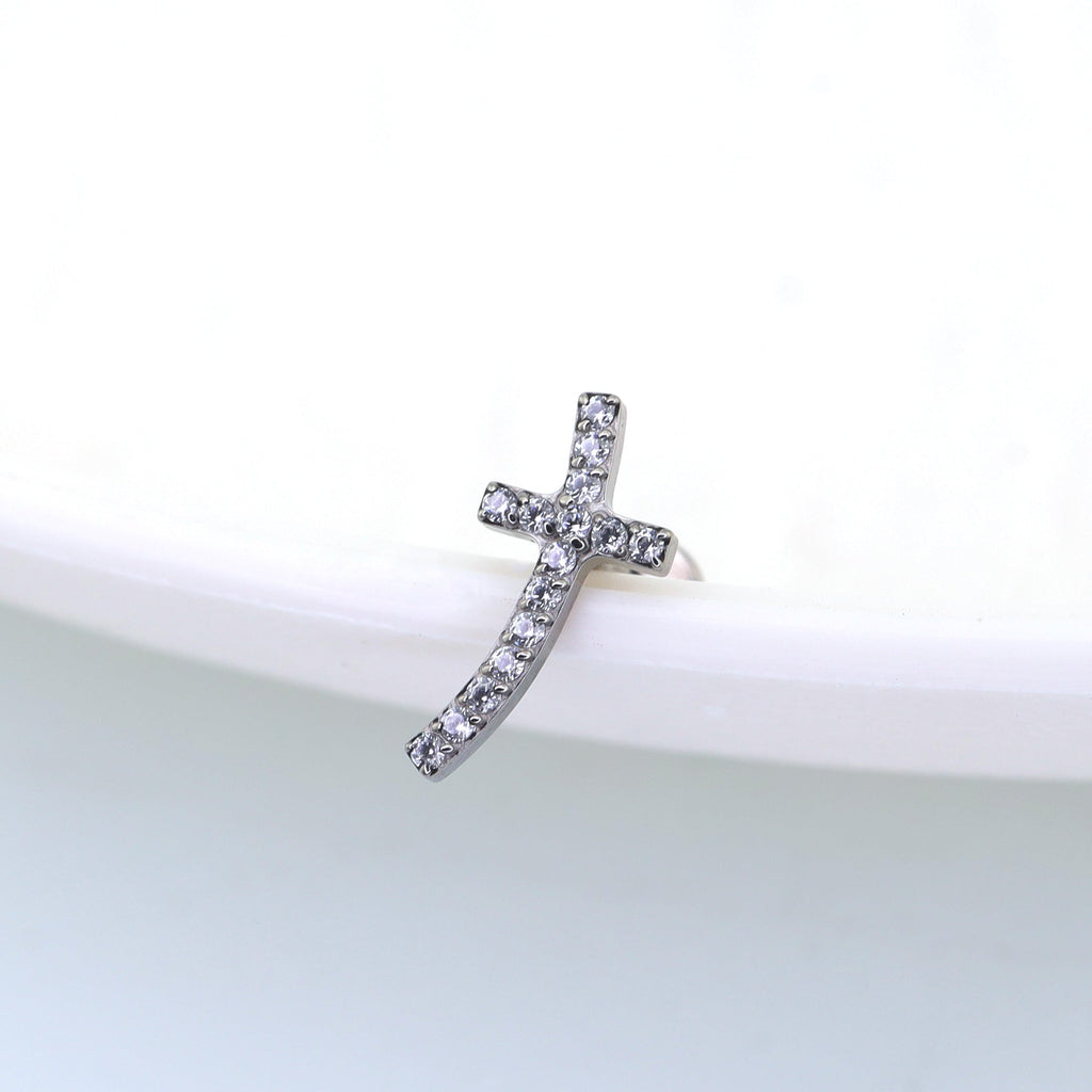 Curved Cross CZ Titanium Ear Stud