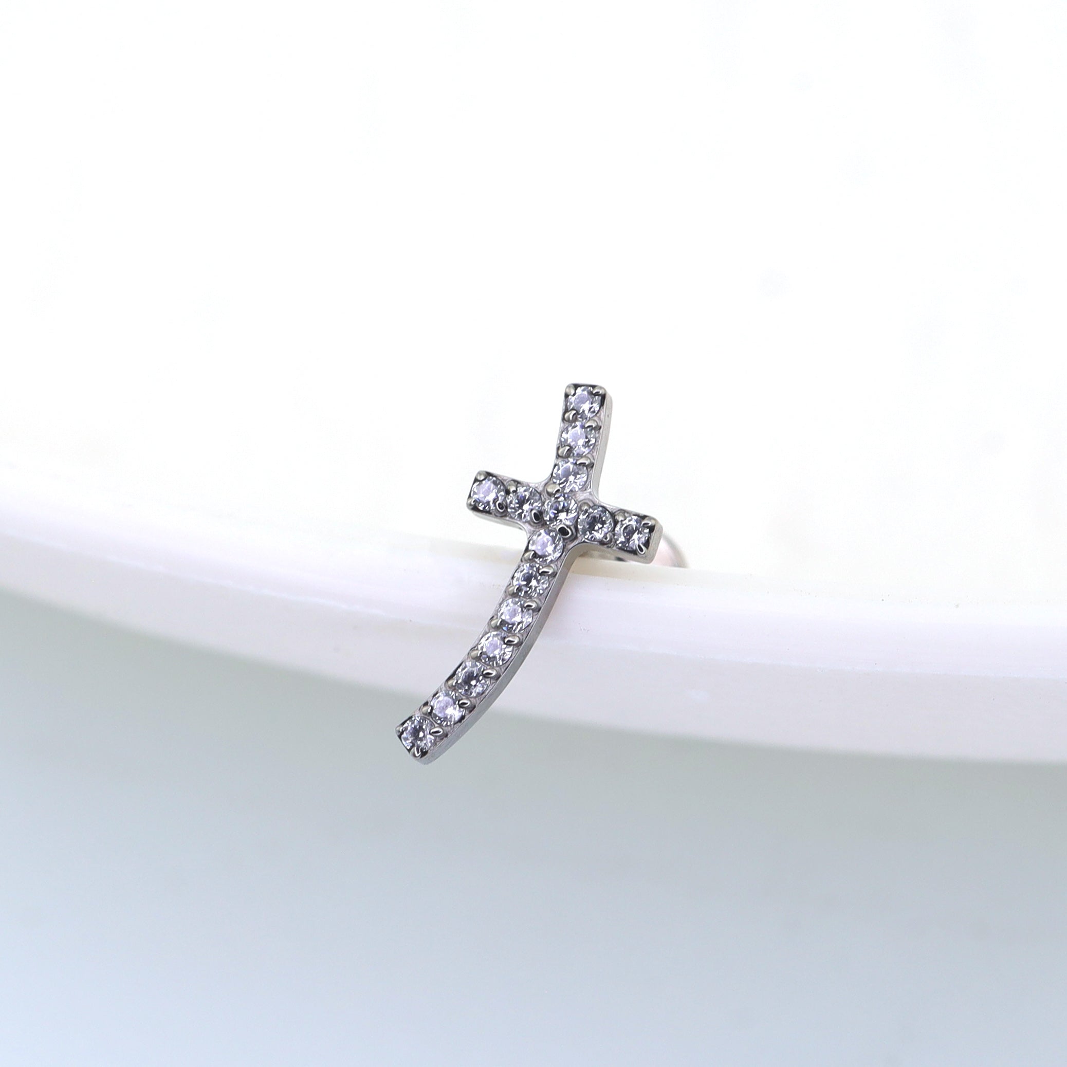 Curved Cross CZ Titanium Ear Stud