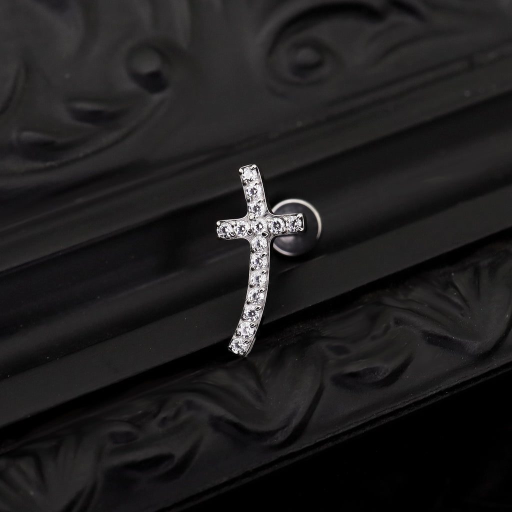 Curved Cross CZ Titanium Ear Stud