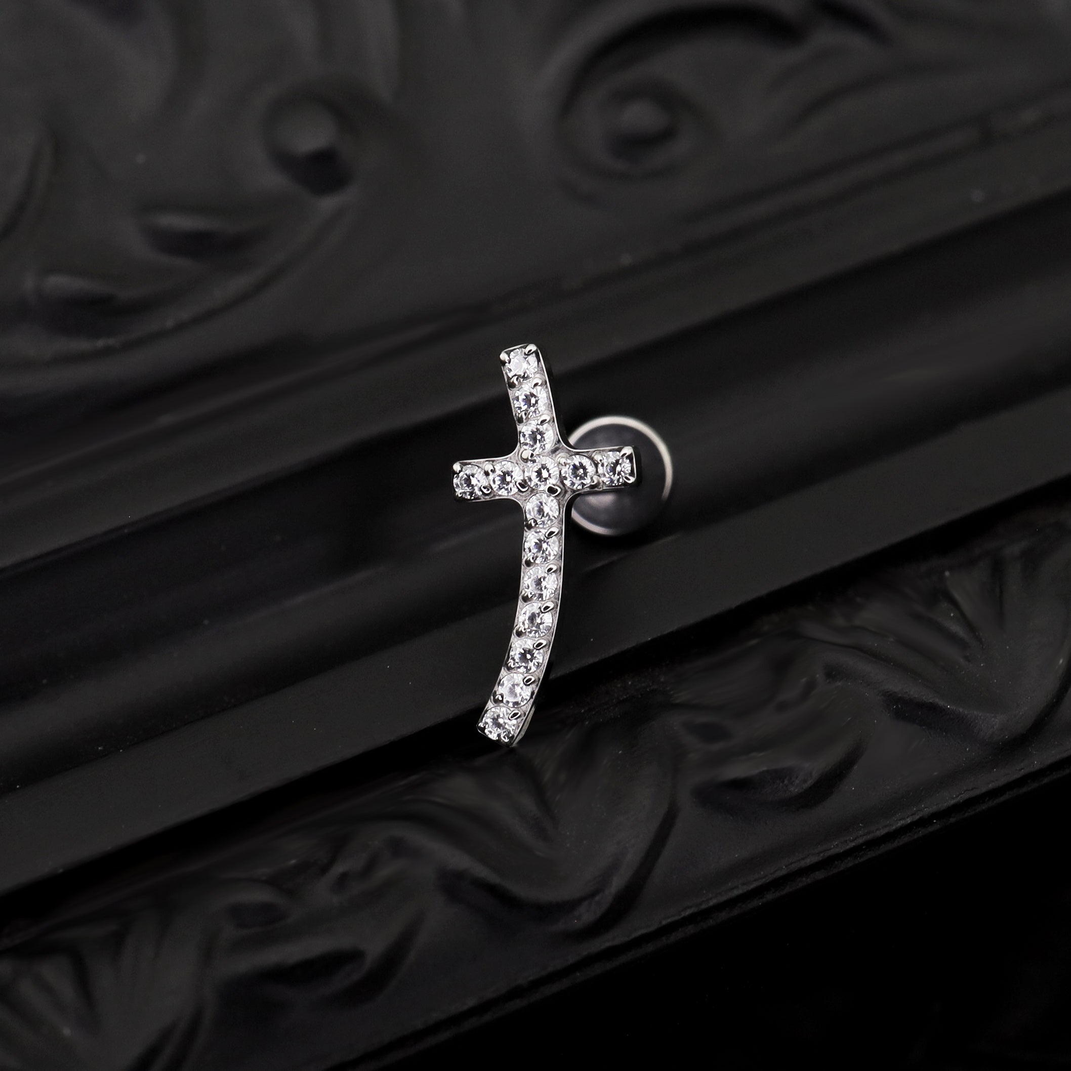 Curved Cross CZ Titanium Ear Stud