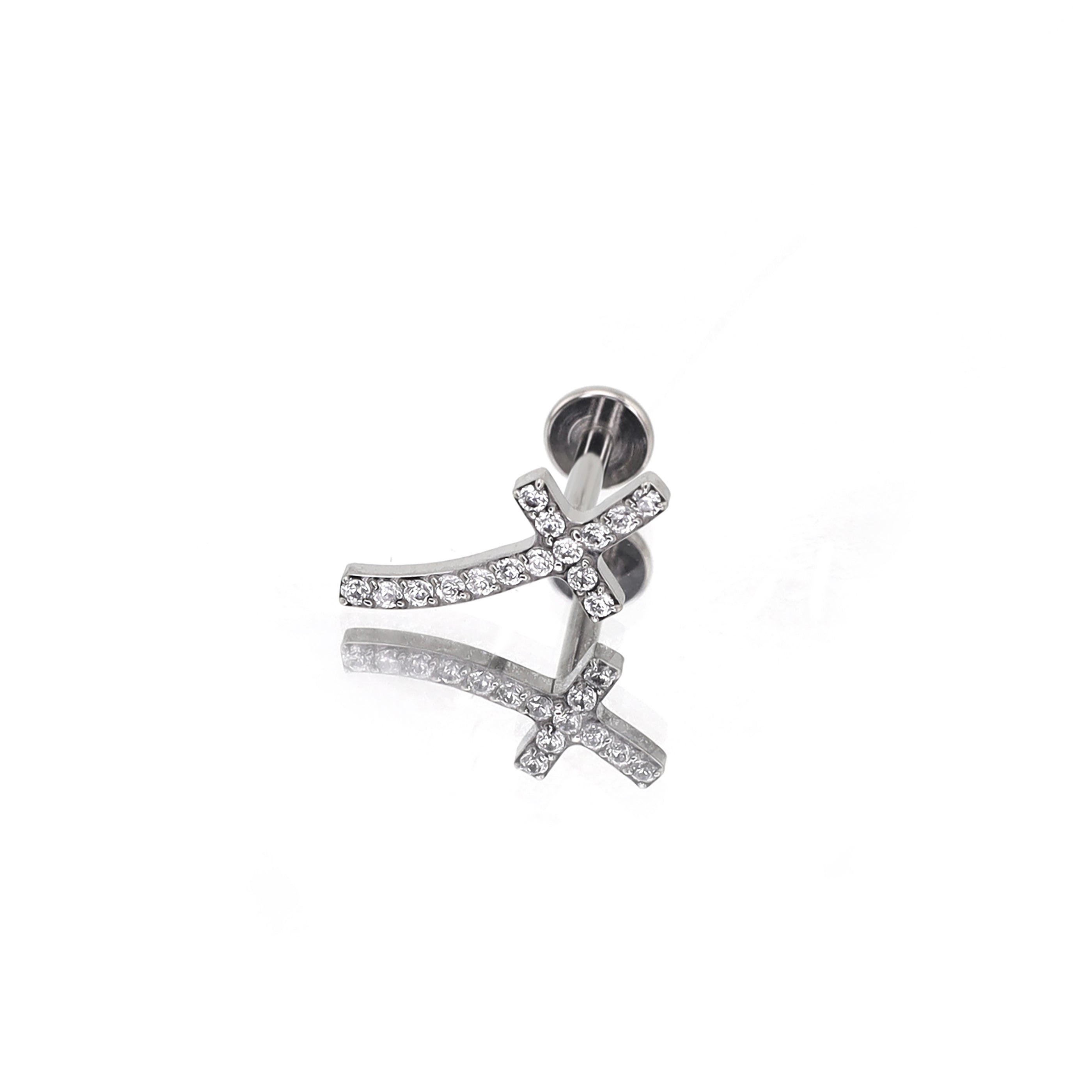 Curved Cross CZ Titanium Ear Stud