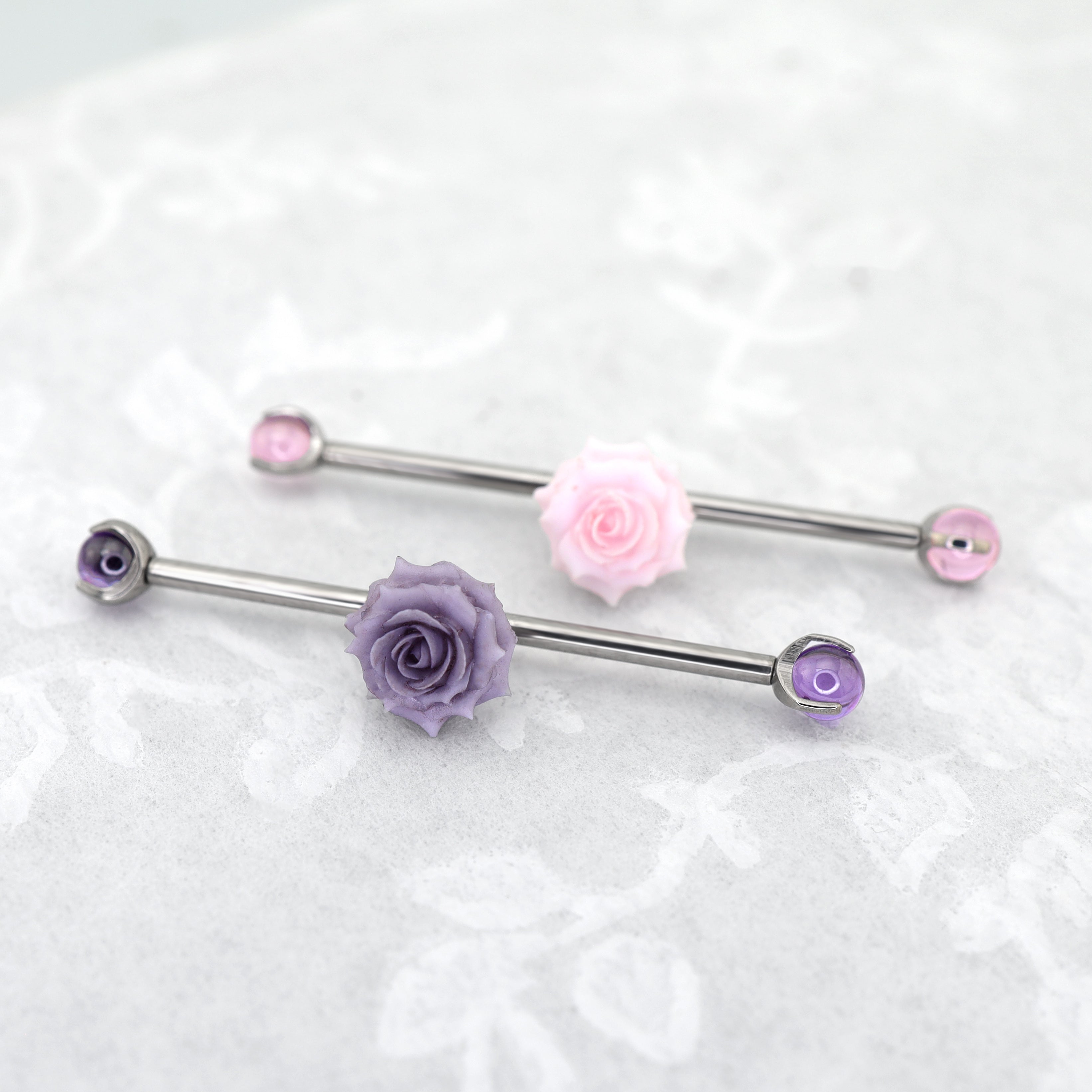 Floral CZ Ball Titanium Industrial Barbell