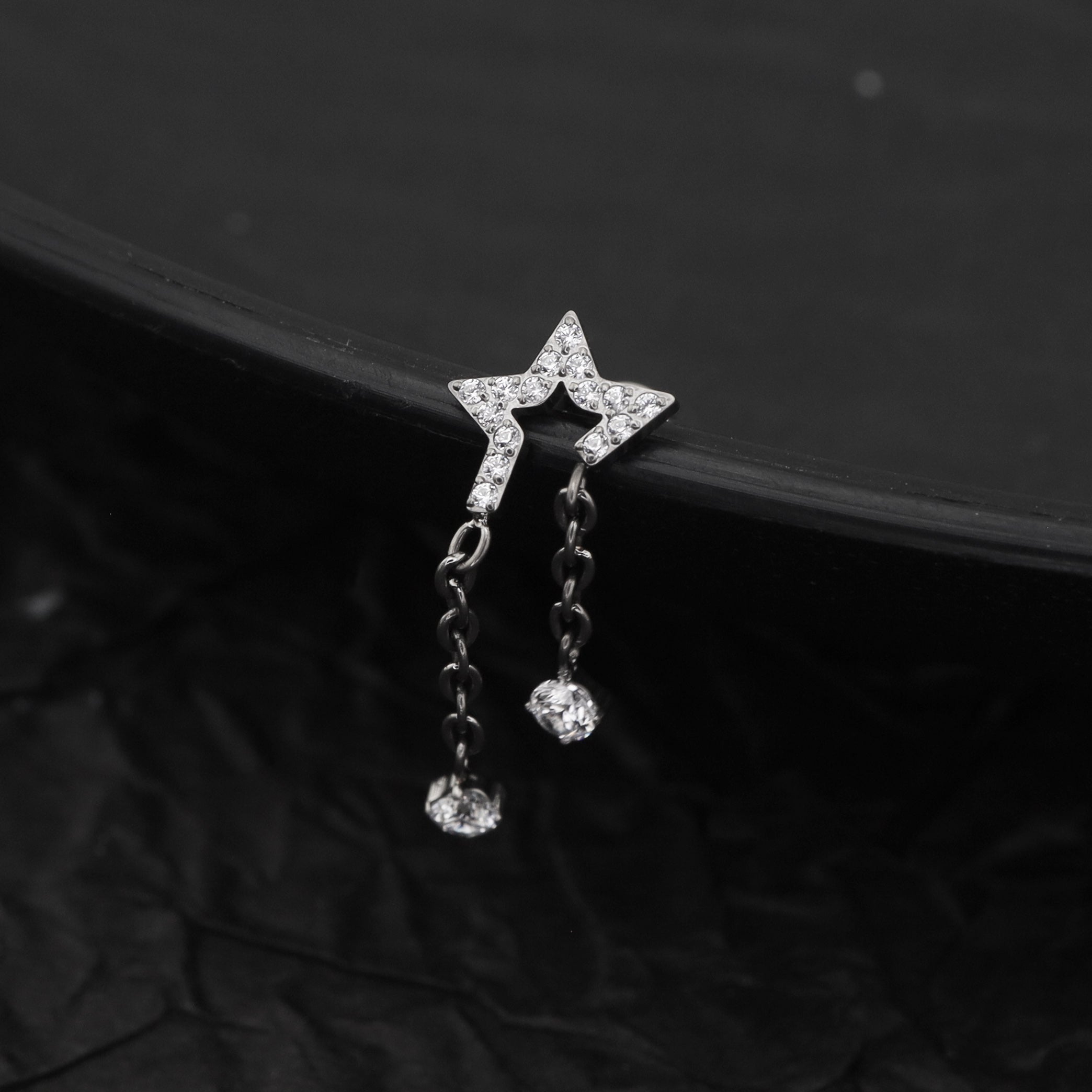 Pentagram CZ Internally Threaded Titanium Dangle Ear Stud