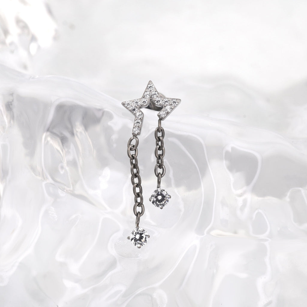 Pentagram CZ Internally Threaded Titanium Dangle Ear Stud