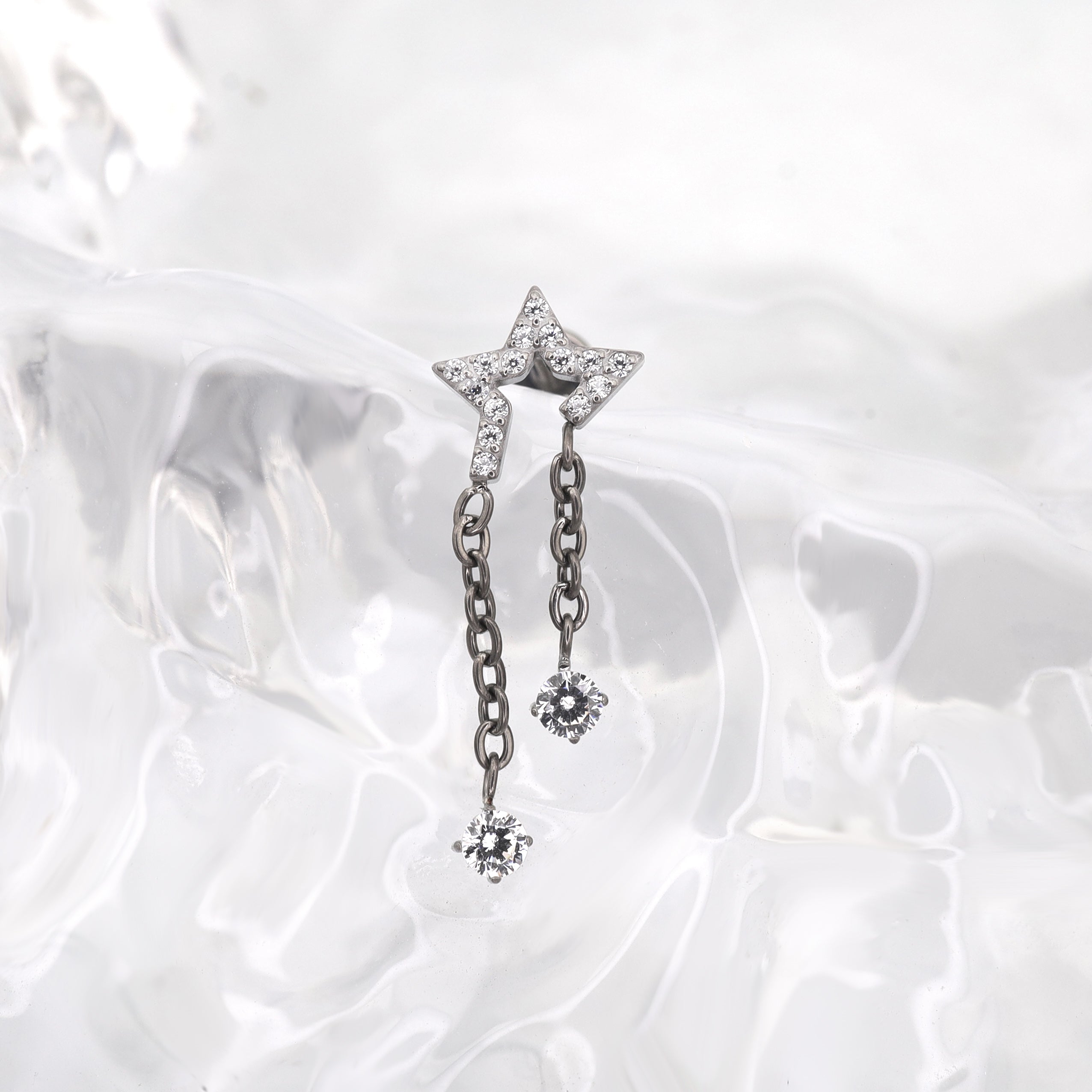 Pentagram CZ Internally Threaded Titanium Dangle Ear Stud