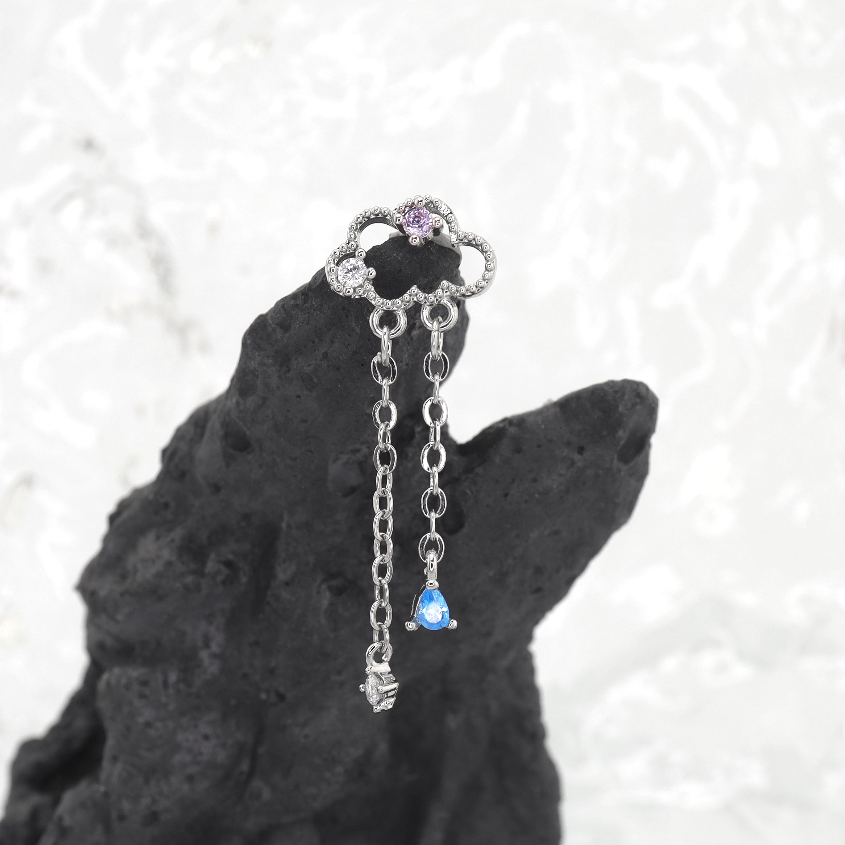 Thin Gauge Cloud & Raindrop Pendant Ear Stud