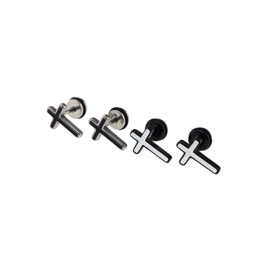 Black & White Oil Slick Cross Externally Threaded Stainless Steel Ear Studs