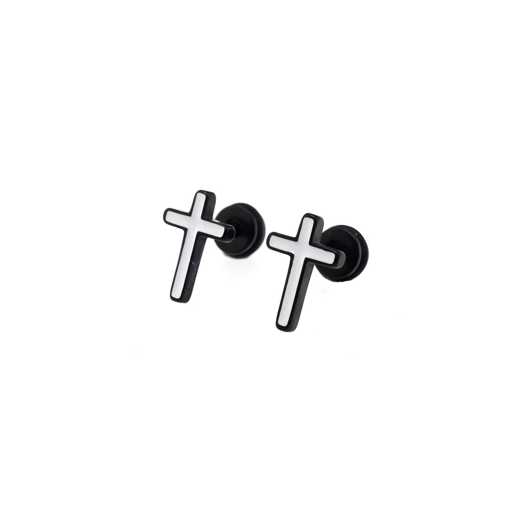 Black & White Oil Slick Cross Externally Threaded Stainless Steel Ear Studs