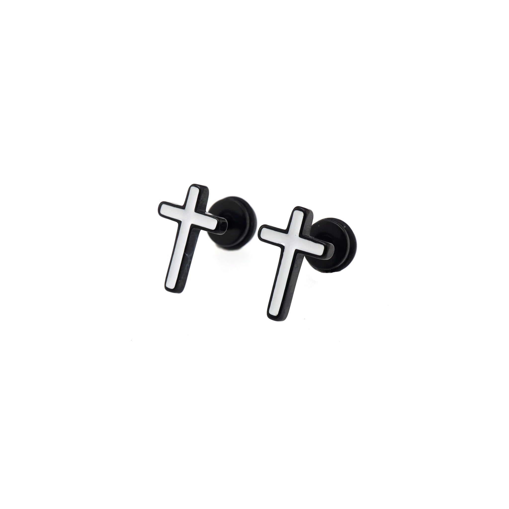 Black & White Oil Slick Cross Externally Threaded Stainless Steel Ear Studs