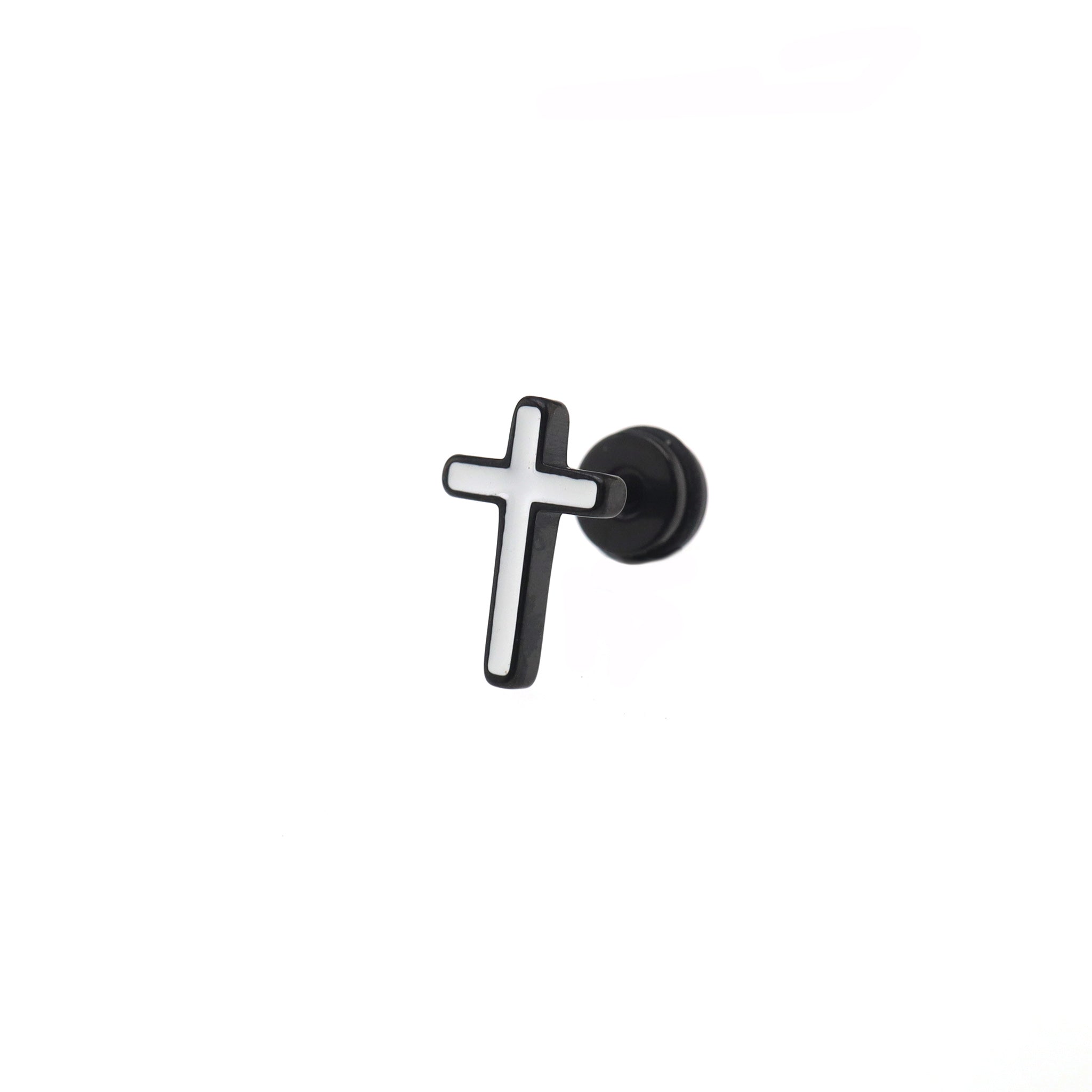 Black & White Oil Slick Cross Externally Threaded Stainless Steel Ear Studs
