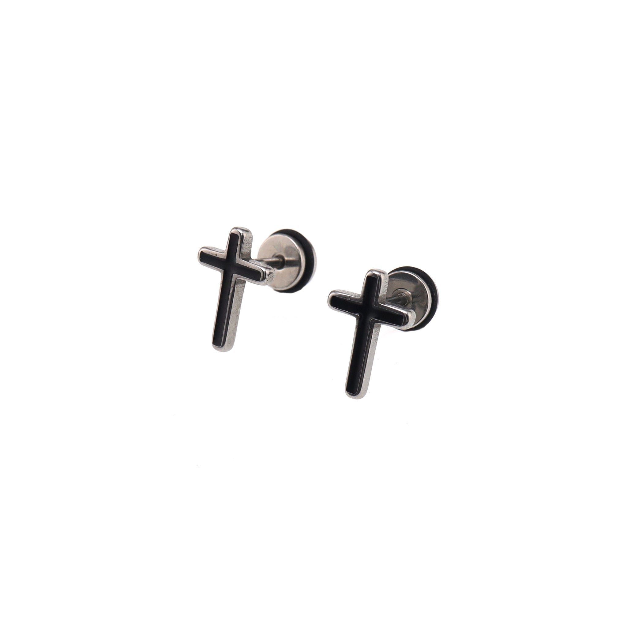 Black & White Oil Slick Cross Externally Threaded Stainless Steel Ear Studs