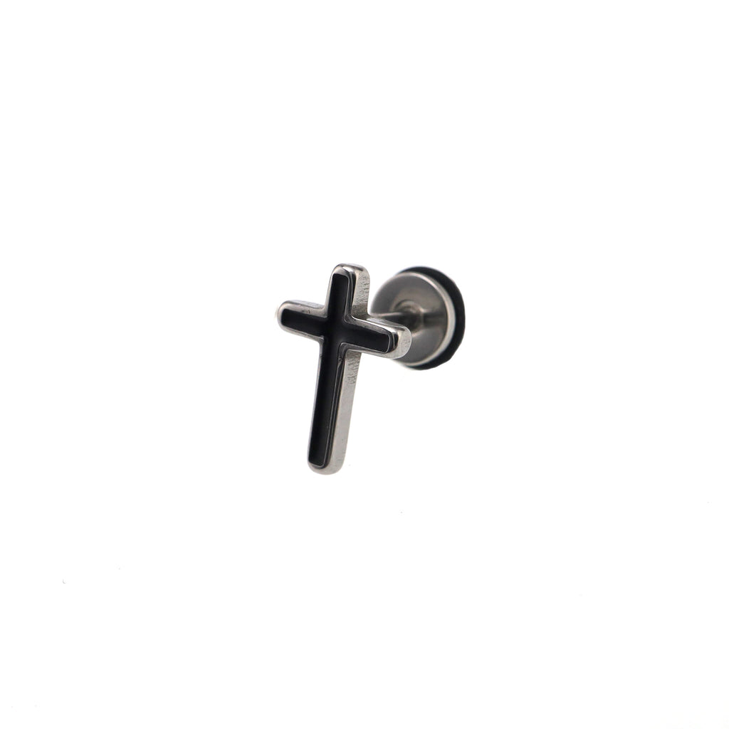 Black & White Oil Slick Cross Externally Threaded Stainless Steel Ear Studs