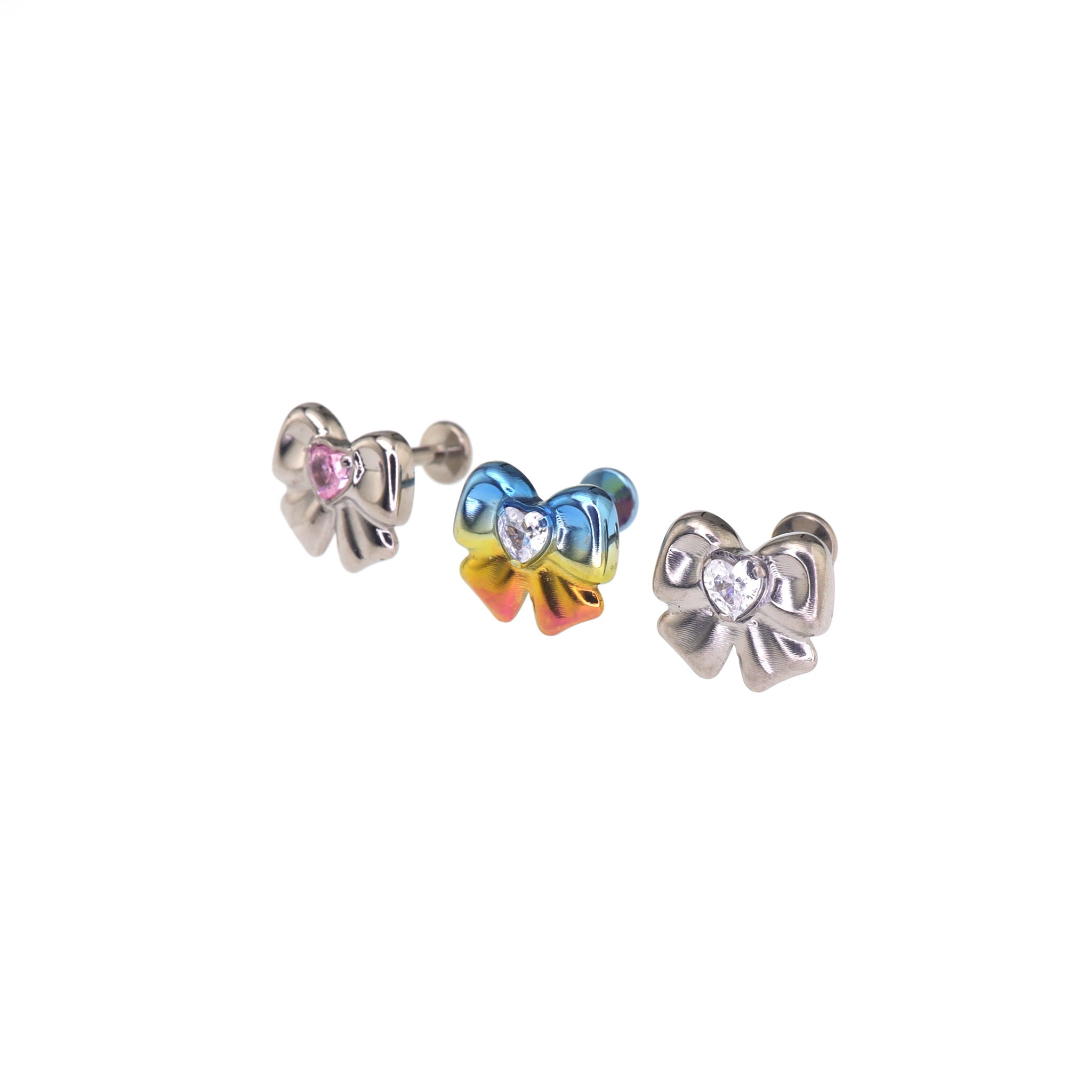 Cute Heart CZ Bow Titanium Ear Studs