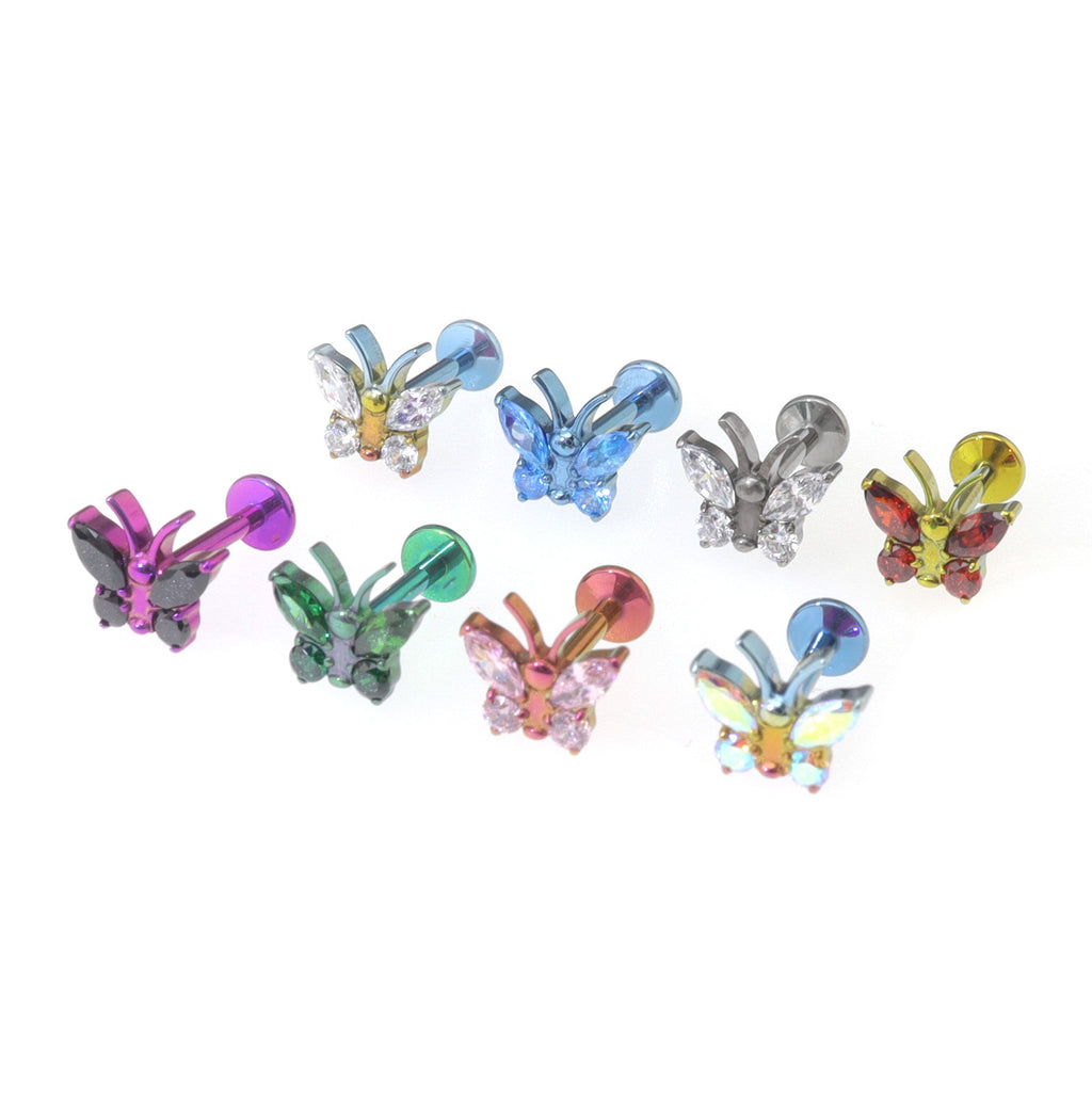 Rainbow CZ Butterfly Internally Threaded Titanium Ear Studs