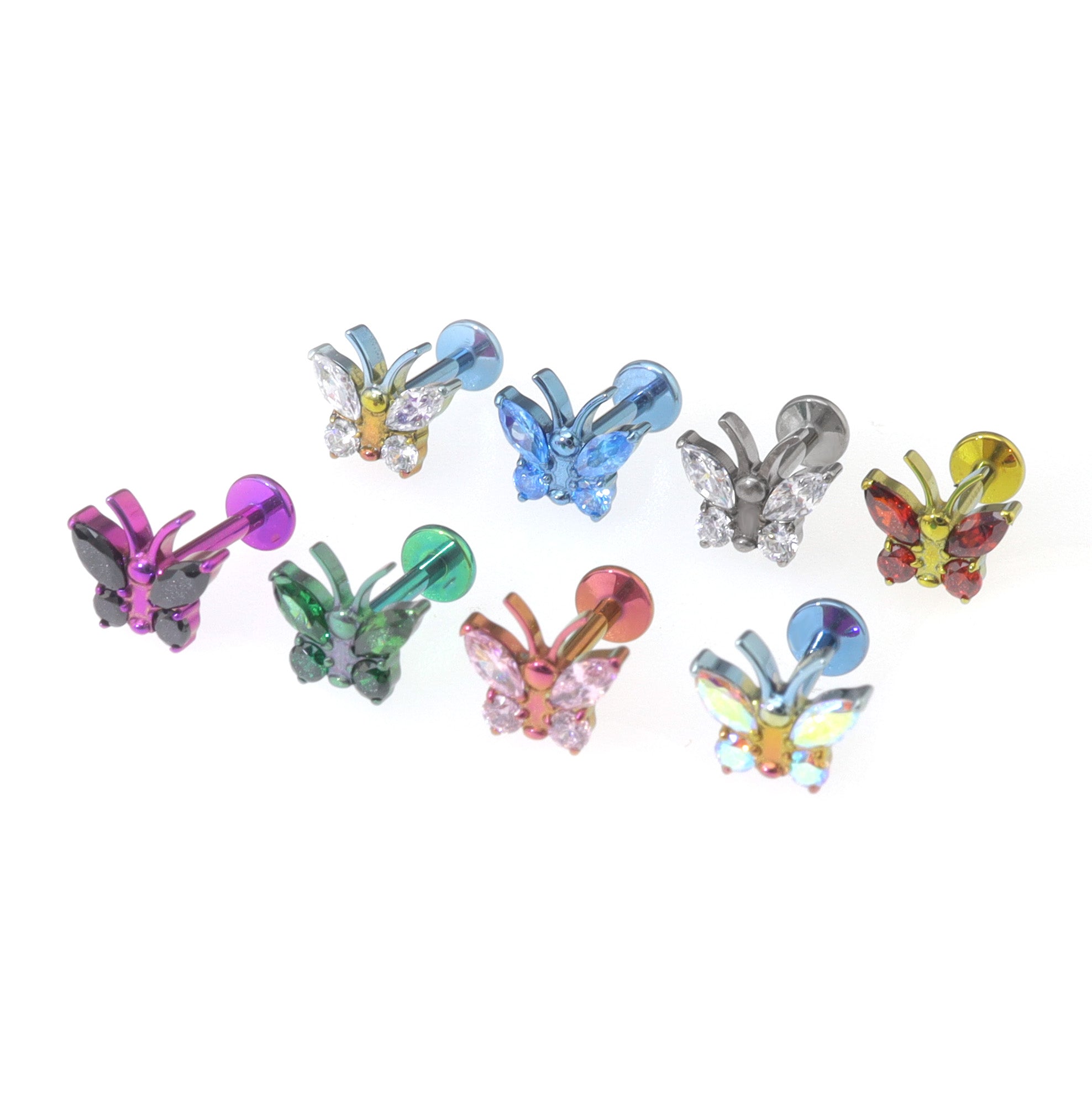 Rainbow CZ Butterfly Internally Threaded Titanium Ear Studs