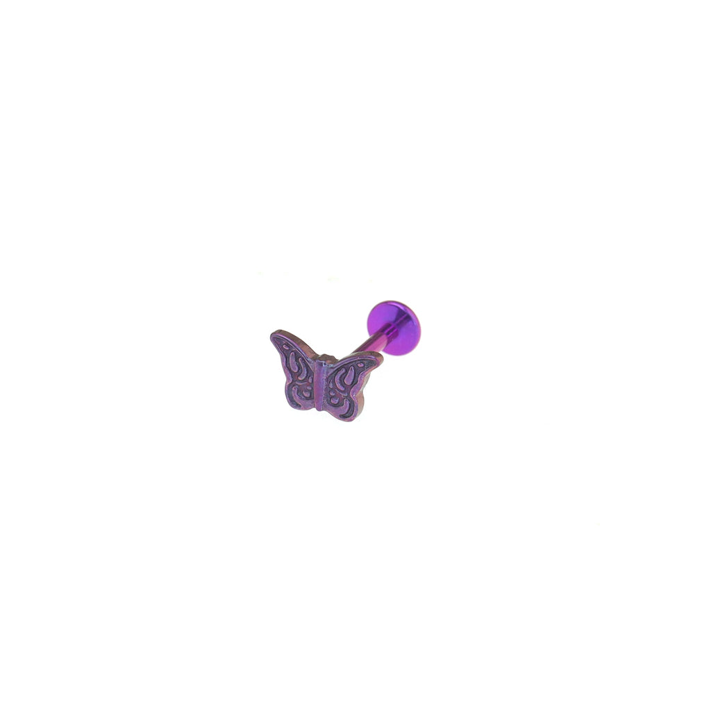 Engraved Butterfly Internally Threaded Titanium Labret Stud