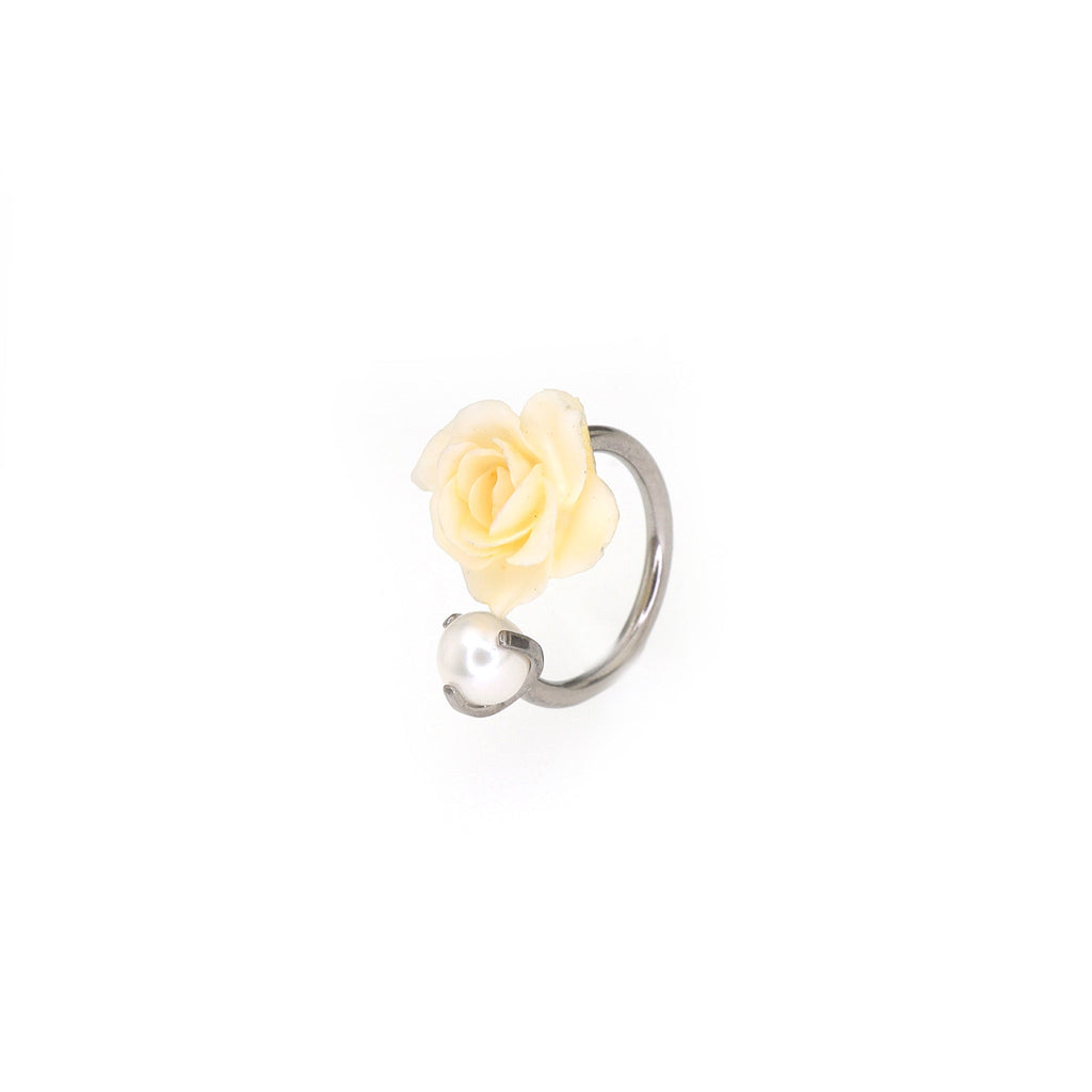 Yellow Rose & Pearl Titanium Horseshoe Ring