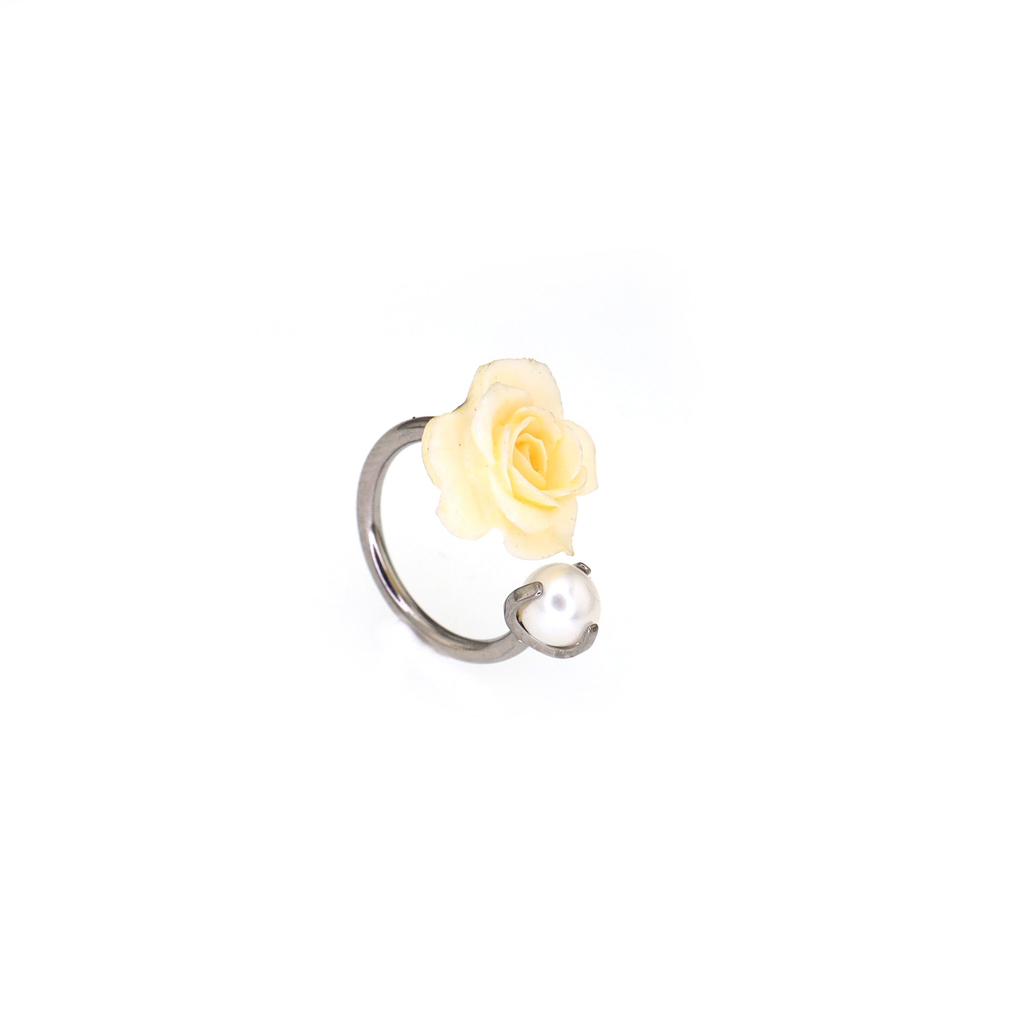 Yellow Rose & Pearl Titanium Horseshoe Ring