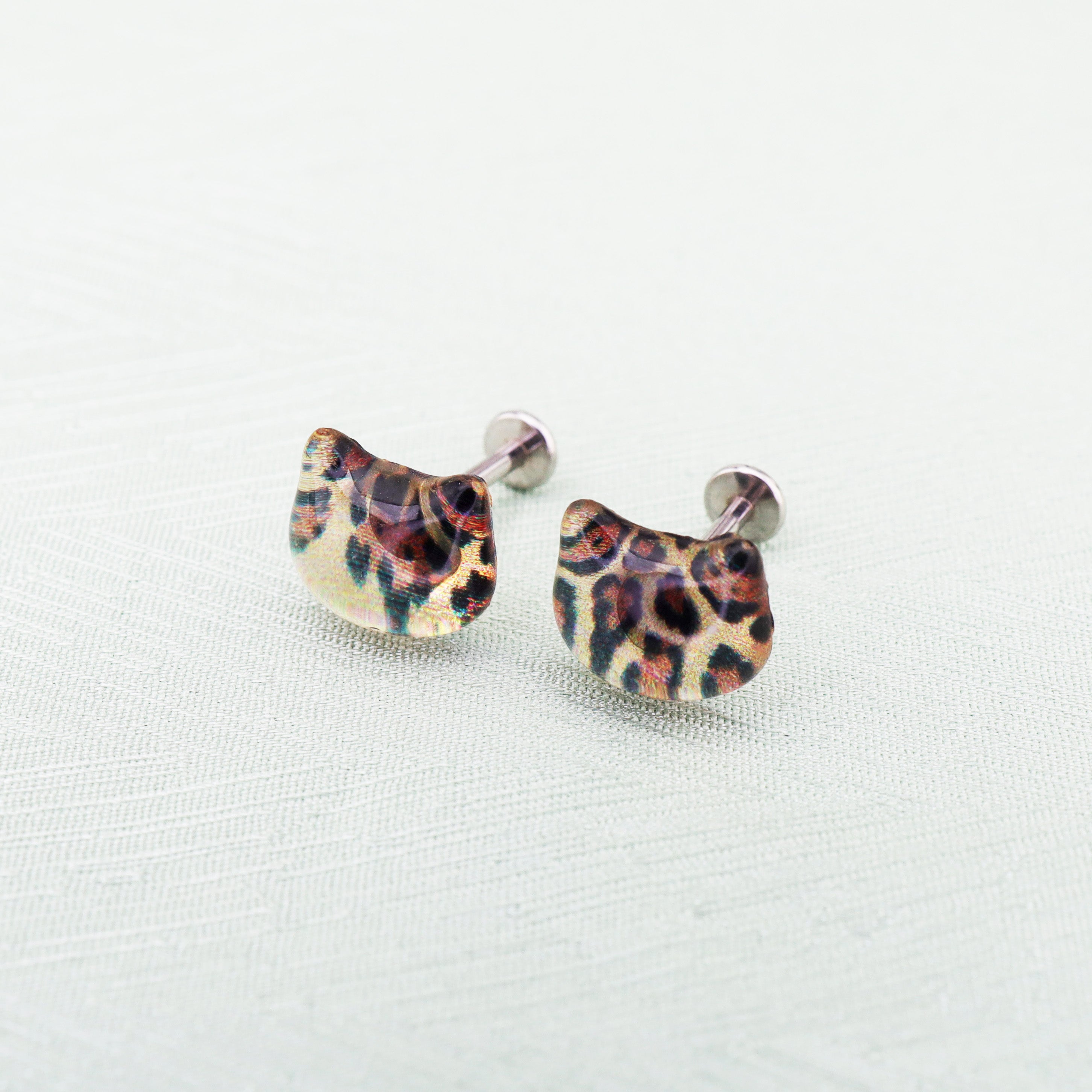 Leopard Print Cat Head Titanium Internally Threaded studs