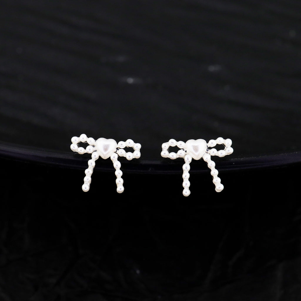 Heart Pearl Bow stainless steel Ear Studs