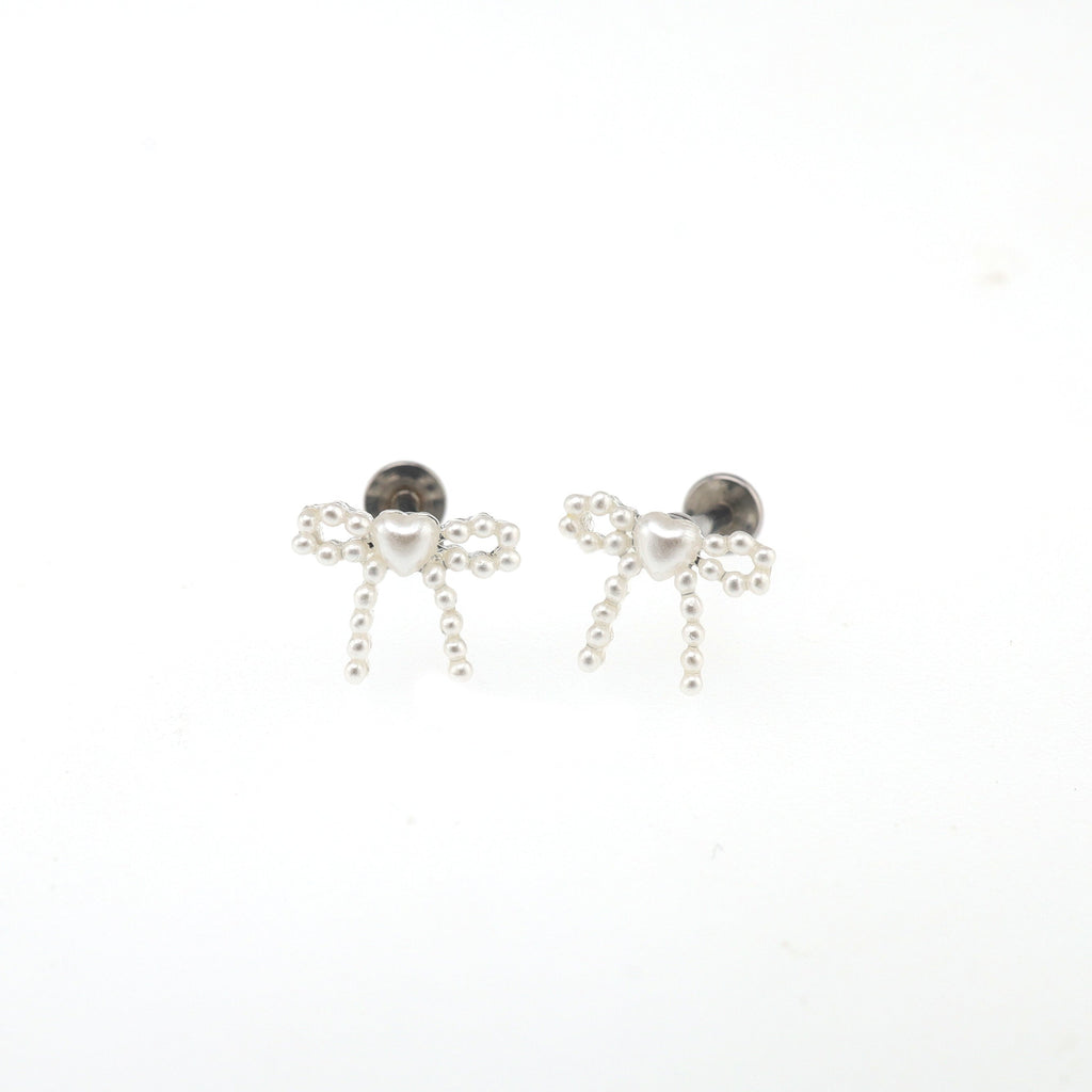 Heart Pearl Bow stainless steel Ear Studs