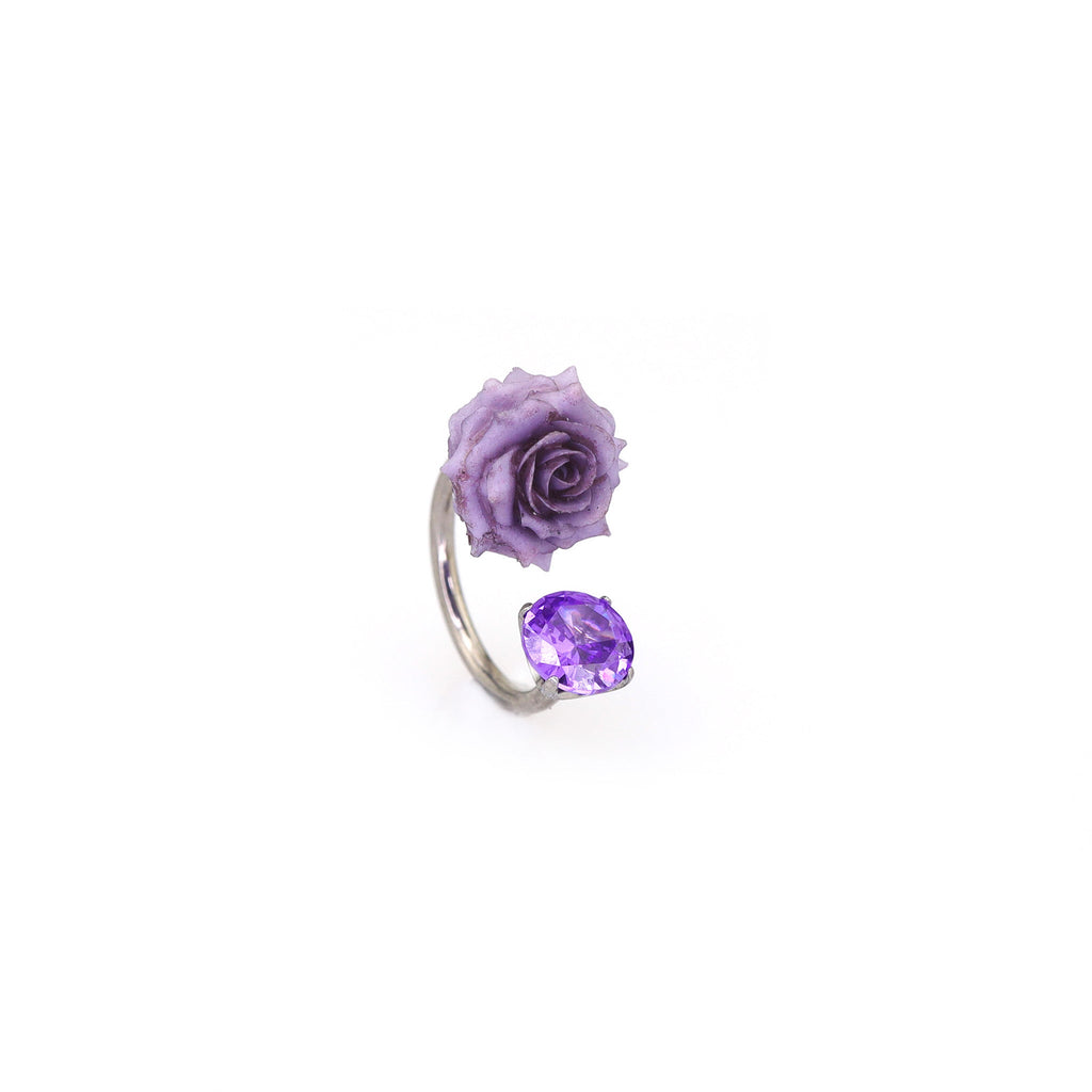 3D Purple Resin Rose & CZ Titanium Horseshoe Rings