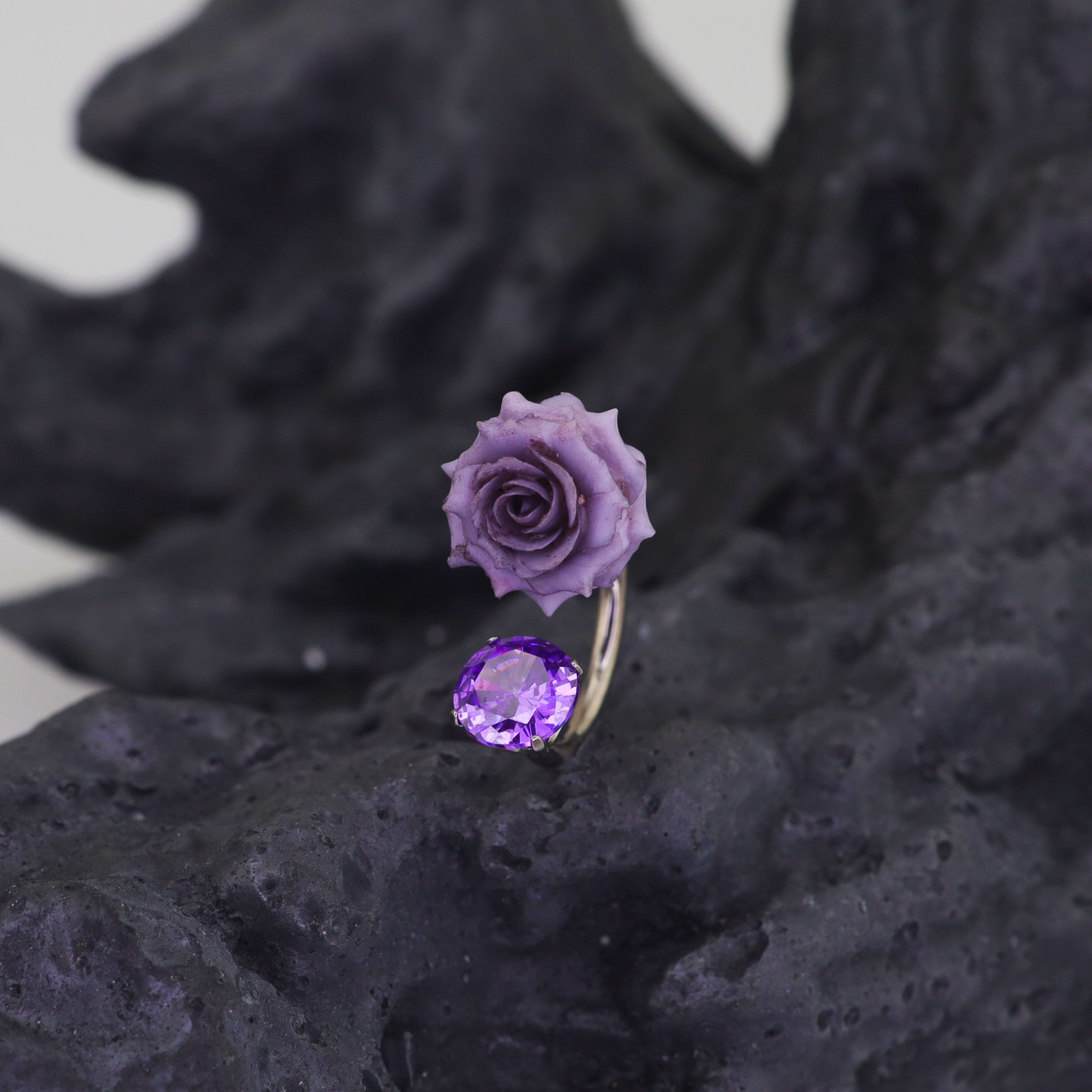 3D Purple Resin Rose & CZ Titanium Horseshoe Rings