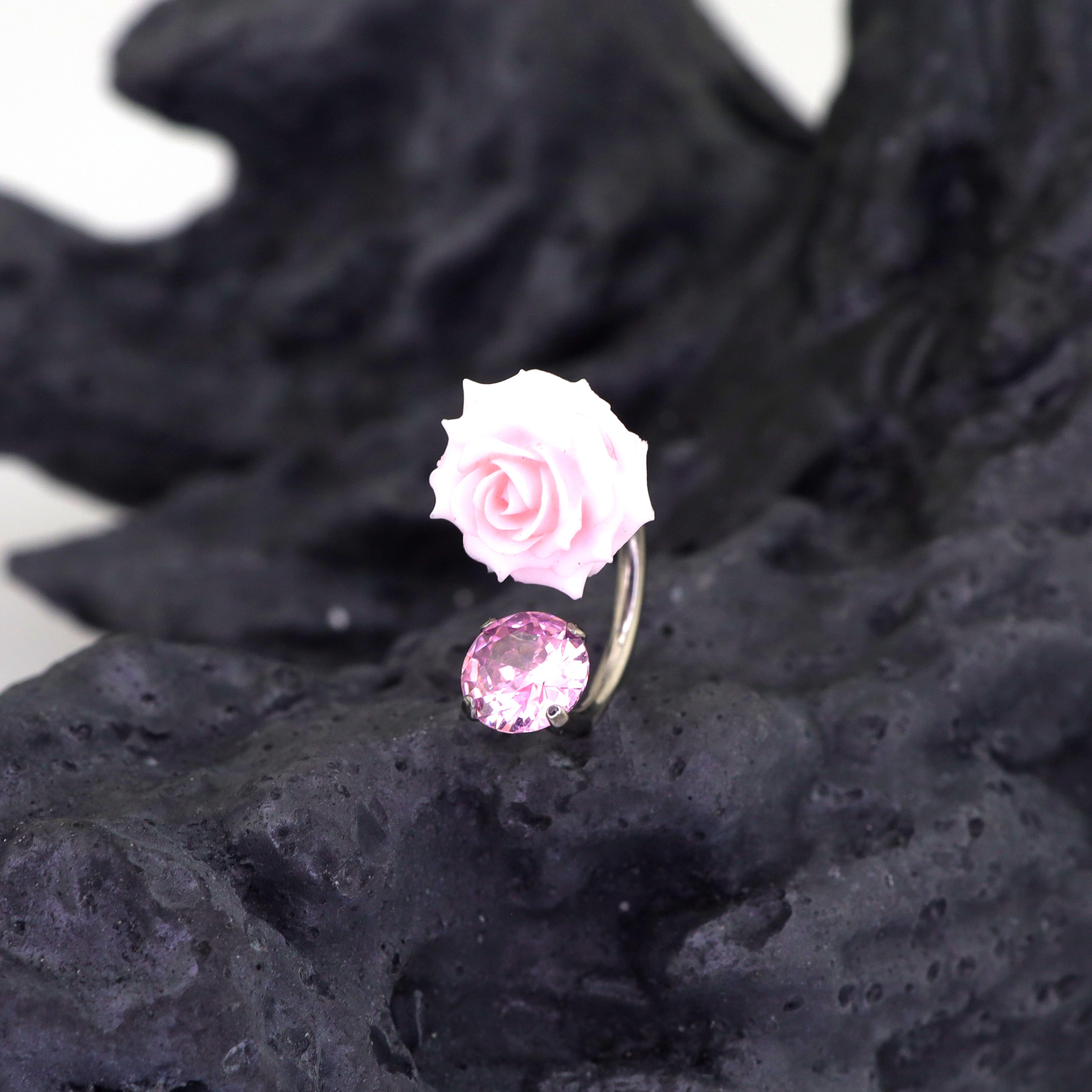 3D Pink Resin Rose & CZ Titanium Horseshoe Rings