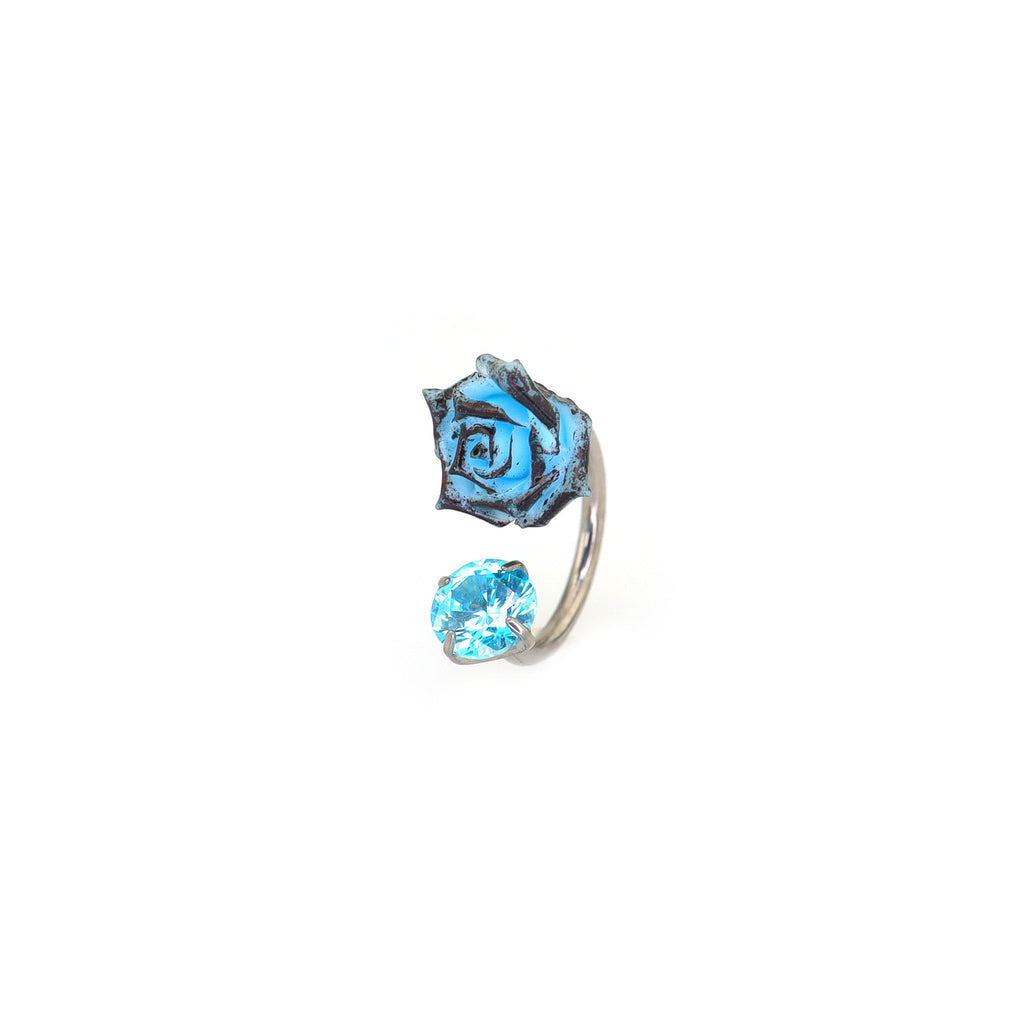 3D Blue Resin Rose & CZ Titanium Horseshoe Rings