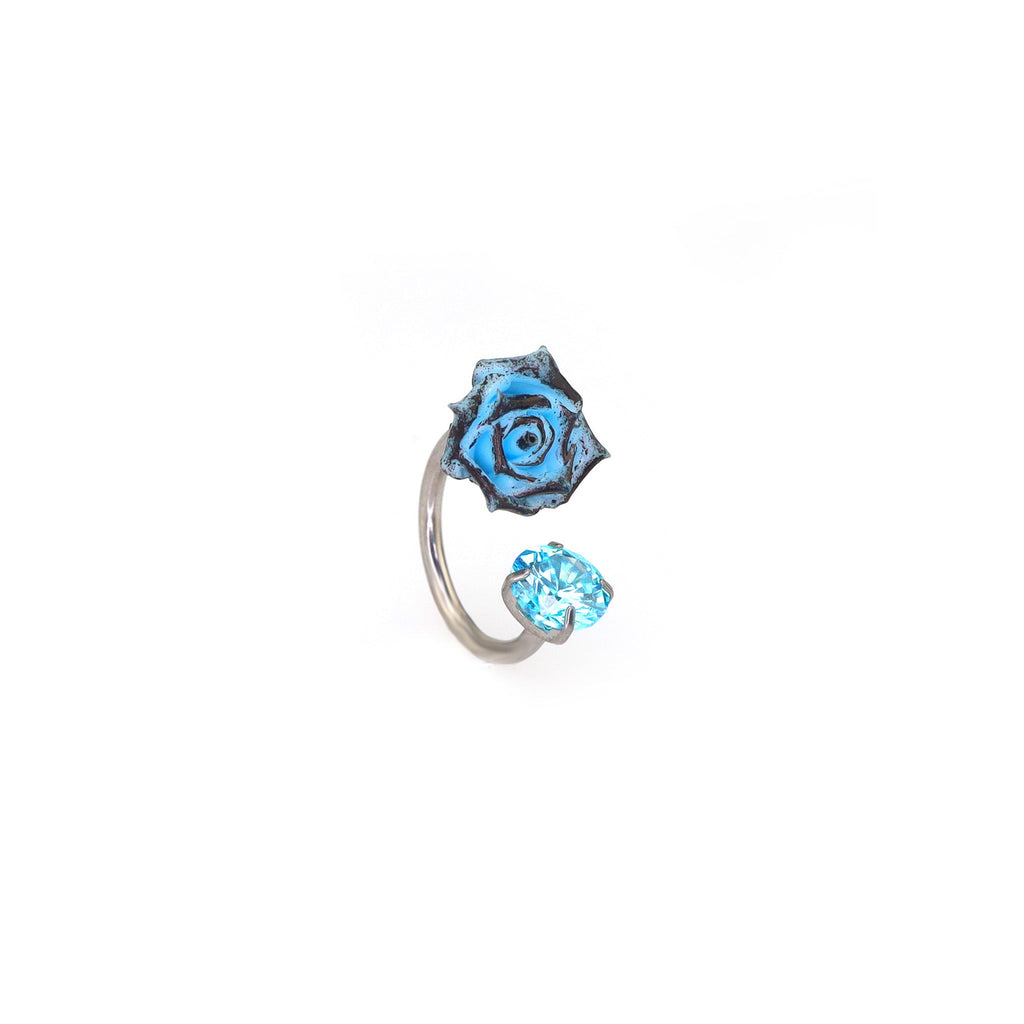 3D Blue Resin Rose & CZ Titanium Horseshoe Rings