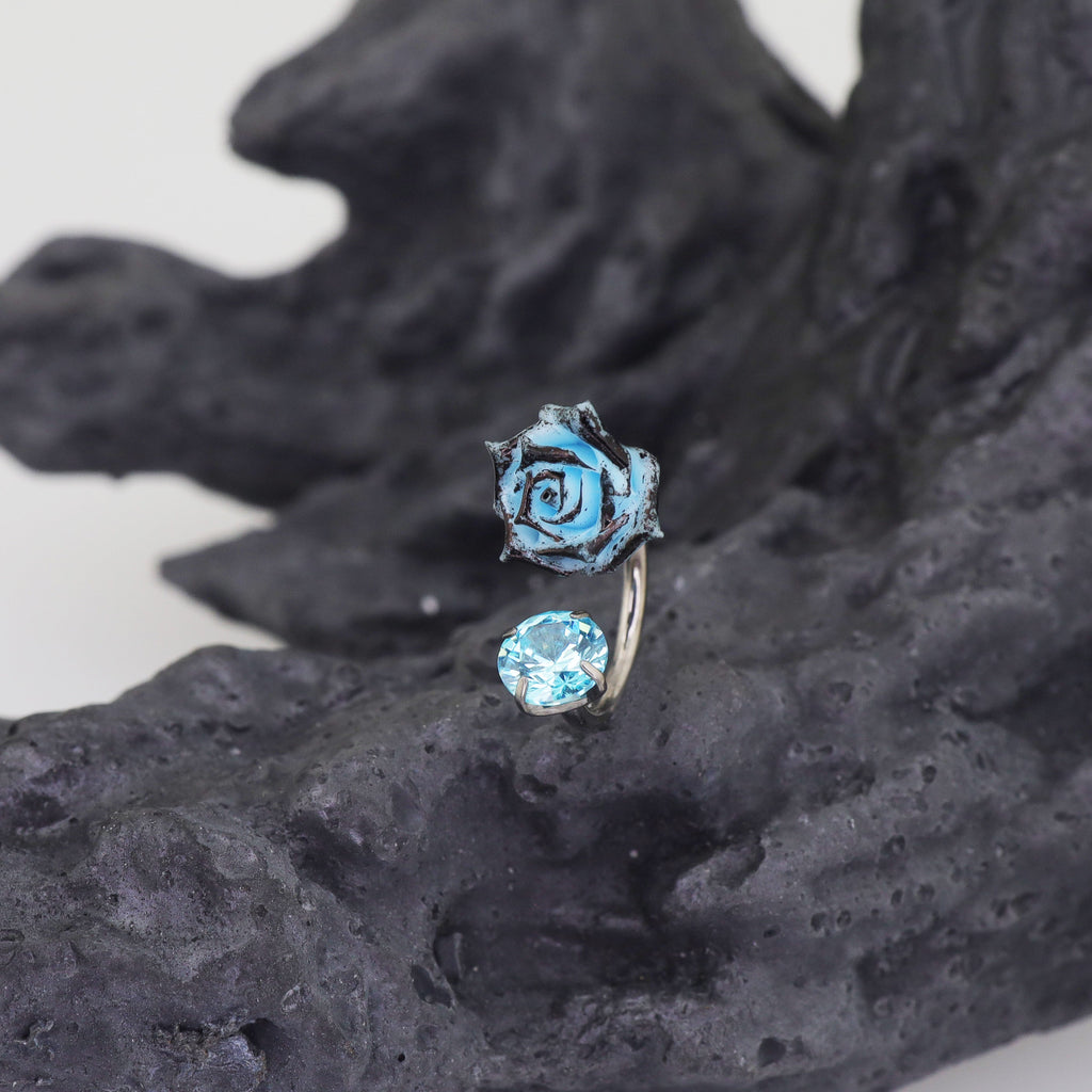 3D Blue Resin Rose & CZ Titanium Horseshoe Rings