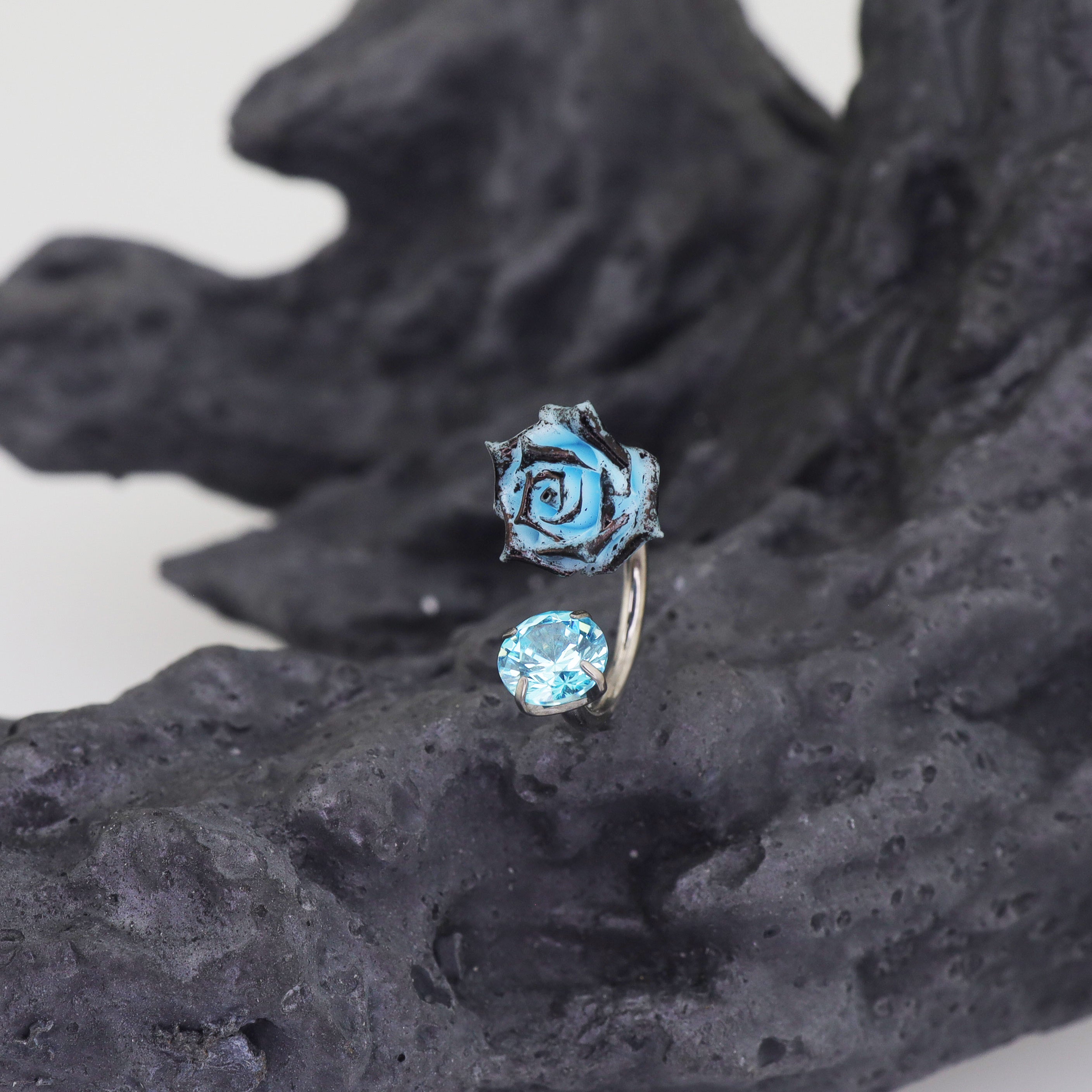 3D Blue Resin Rose & CZ Titanium Horseshoe Rings