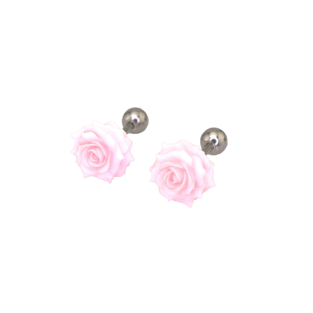 PAIR OF 3D Pink Resin Rose stainless steel Ear Studs