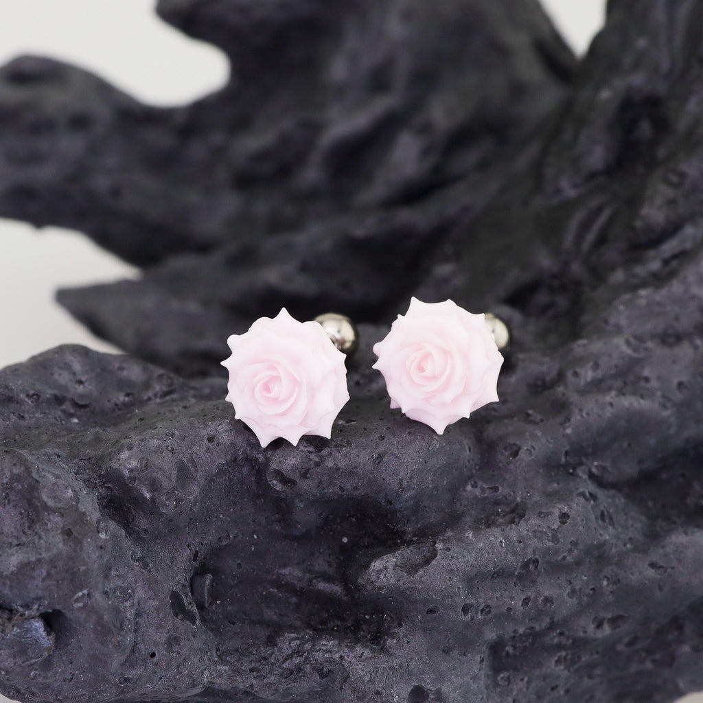 PAIR OF 3D Pink Resin Rose stainless steel Ear Studs