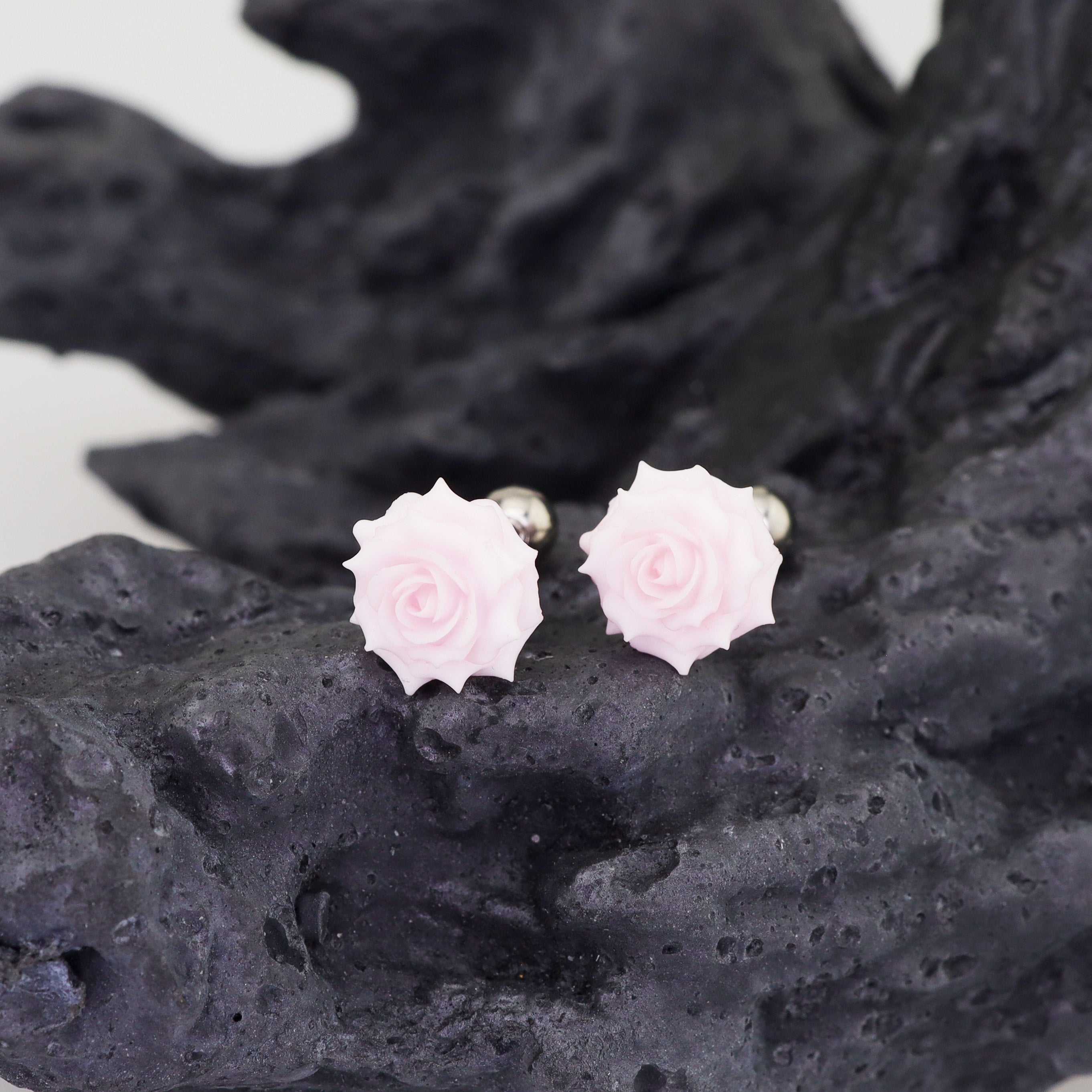 PAIR OF 3D Pink Resin Rose stainless steel Ear Studs
