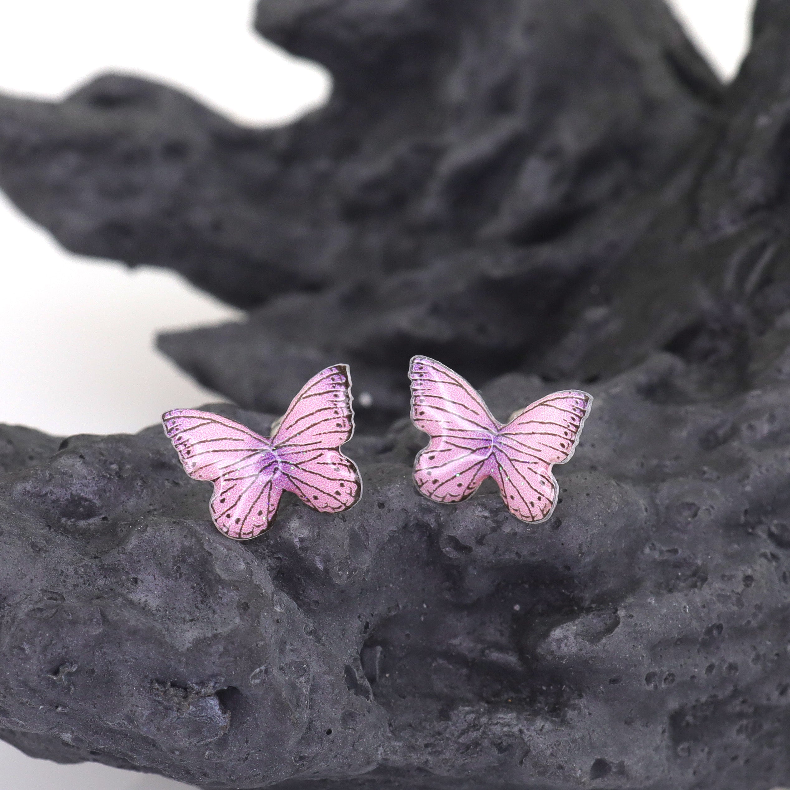 Pair Of 3D Pink Gradient Resin Butterfly Stainless Steel  Ear Studs