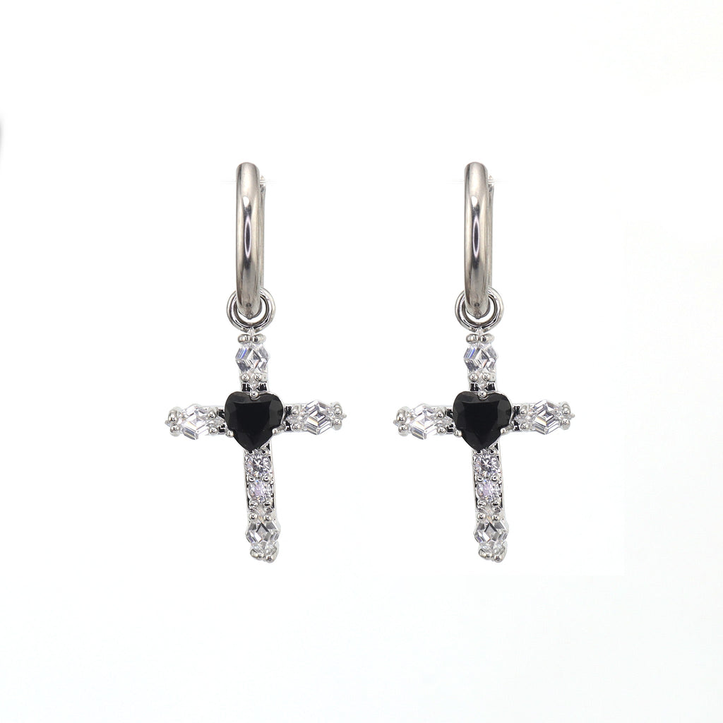 PAIR OF Heart CZ Large Cross stainless steel Earrings