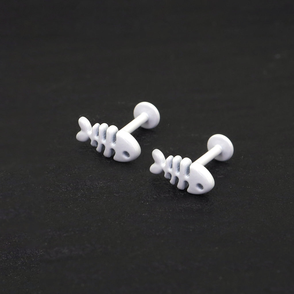 PAIR OF White Fishbone Internally Threaded stainless steel Studs