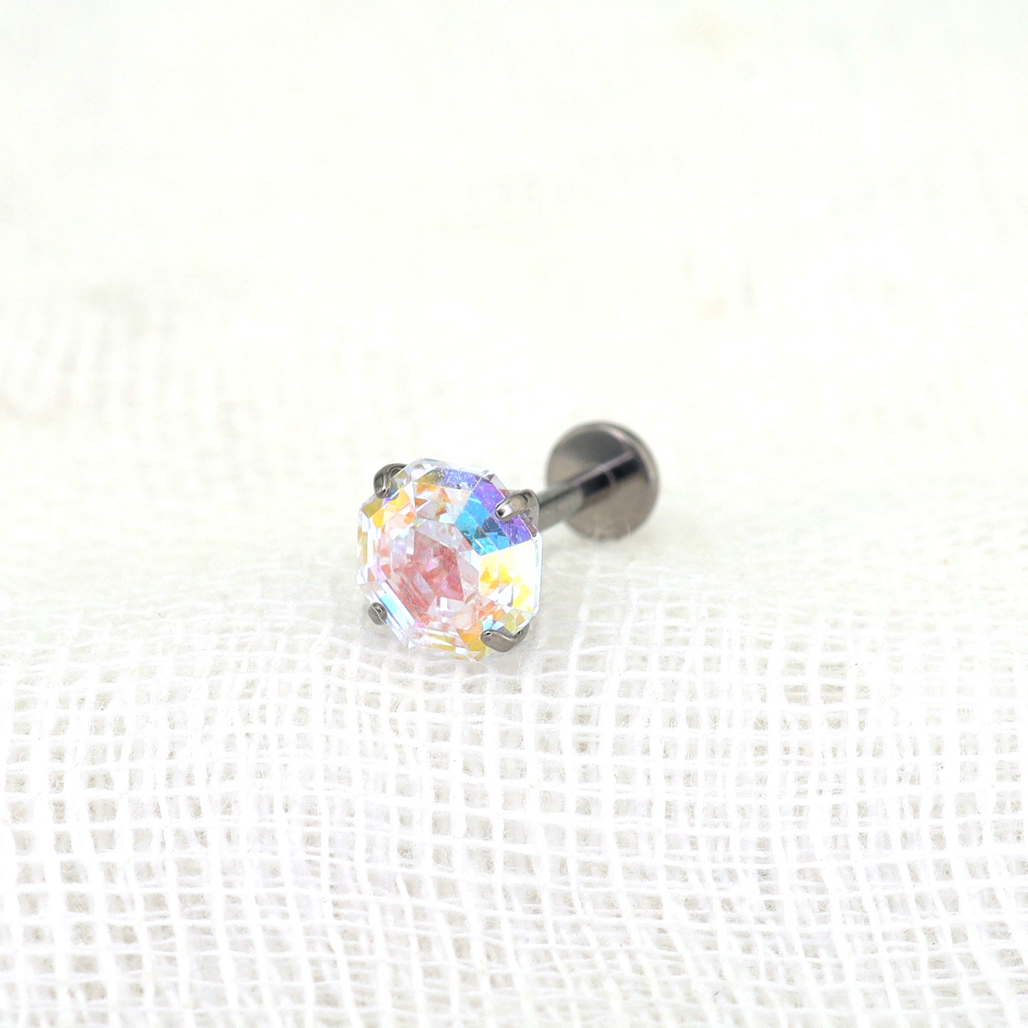 High-Shine Aurora Borealis Octagon CZ Internally Threaded Titanium Studs