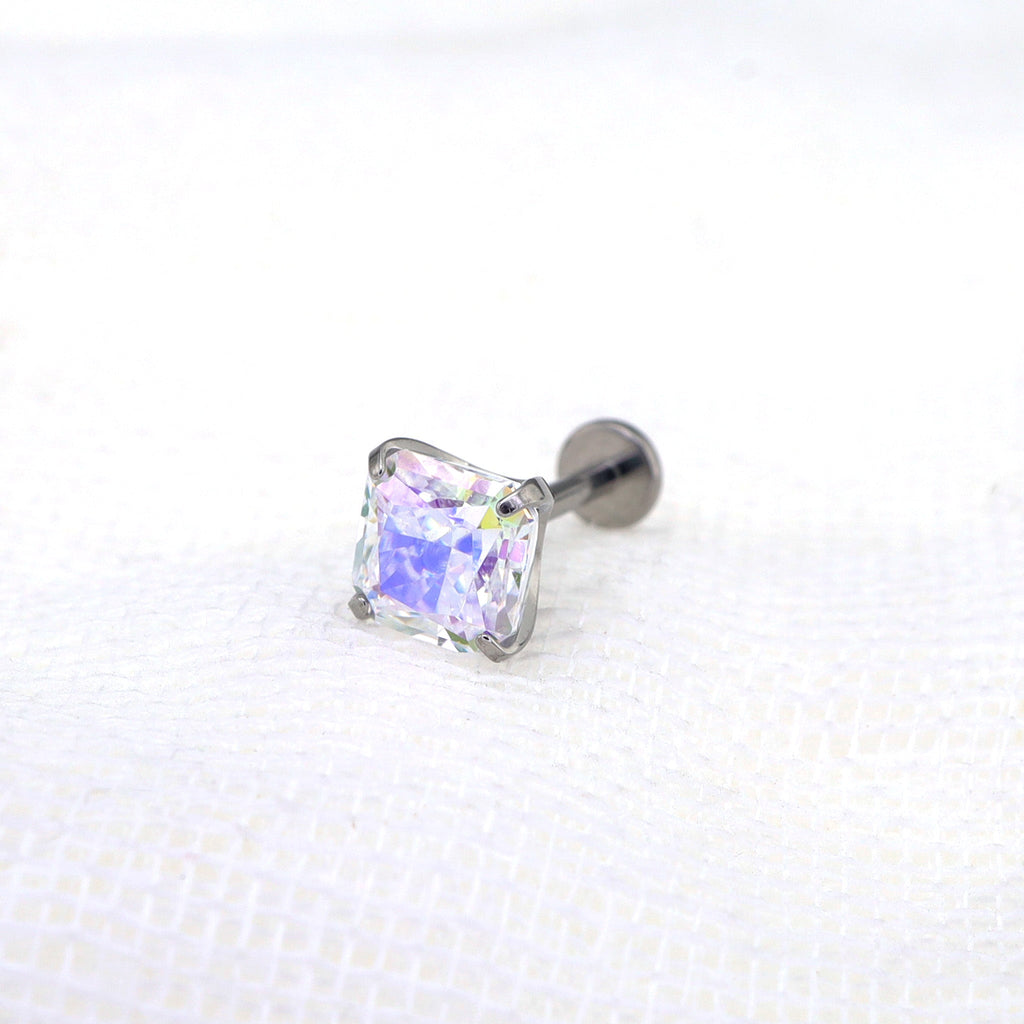 High-Shine Aurora Borealis Square CZ Internally Threaded Titanium Studs