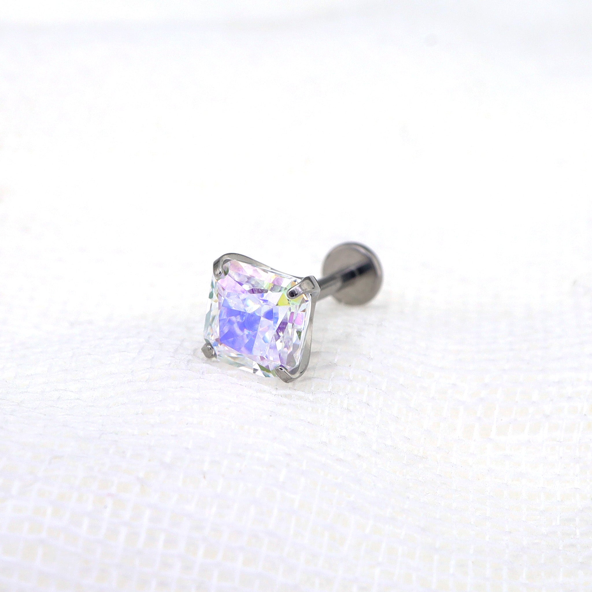 High-Shine Aurora Borealis Square CZ Internally Threaded Titanium Studs